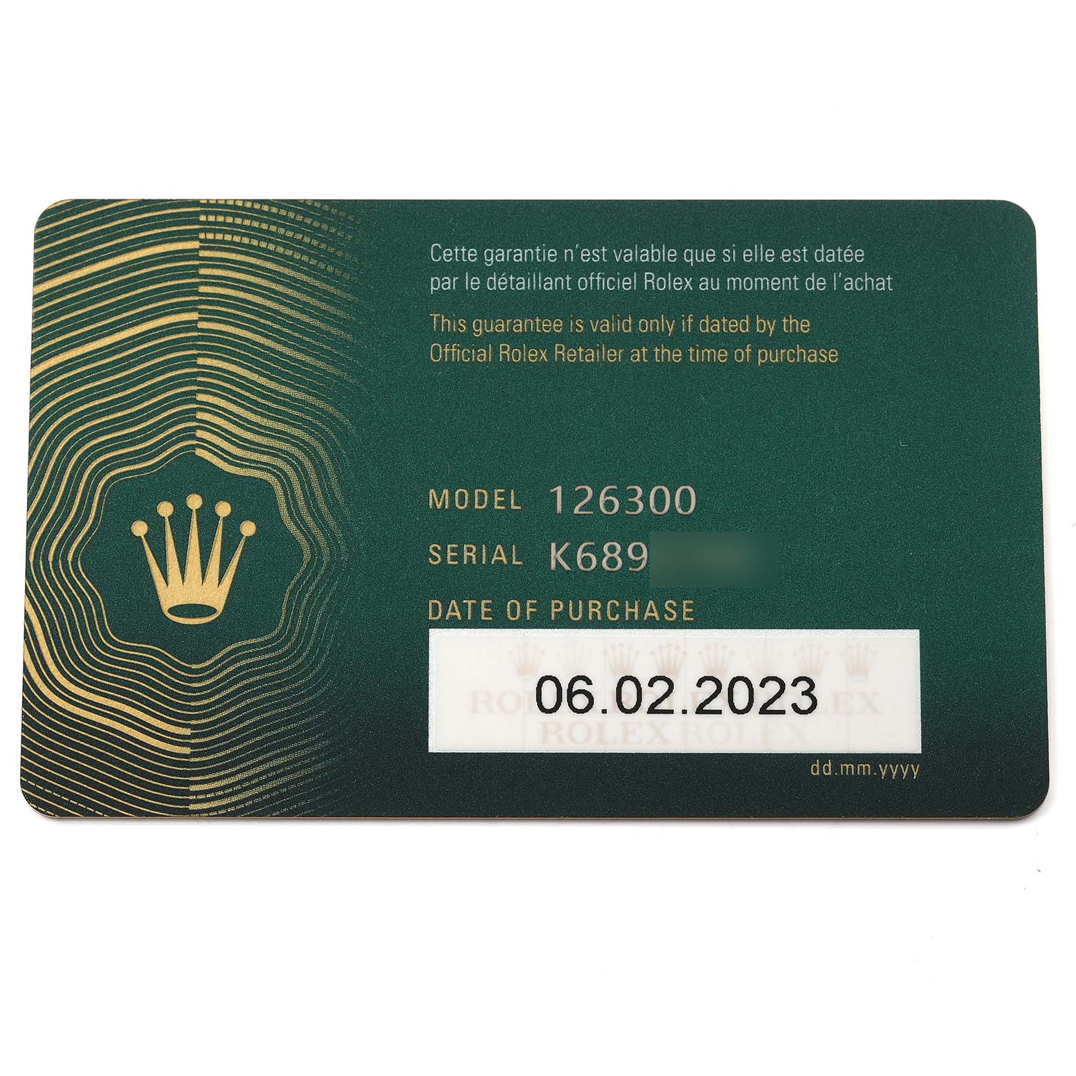 This image shows the warranty card for the Rolex Datejust 41 126300 Men's Stainless Steel Black Dial 126300 Men's Stainless Steel Black Dial model, including model number, serial number, and date of purchase.