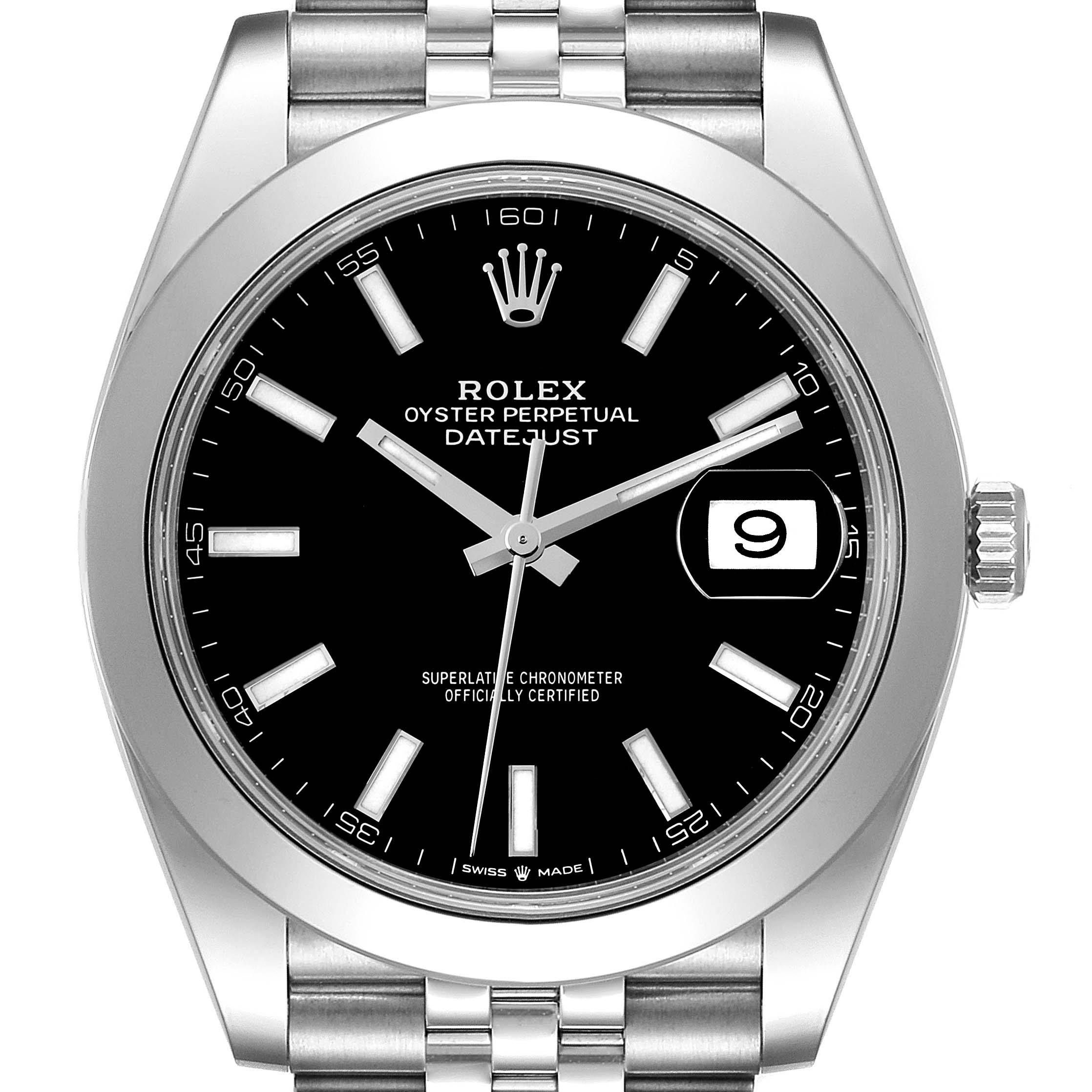 The Rolex Datejust 41 126300 Men's Stainless Steel Black Dial 126300 Men's Stainless Steel Black Dial watch is shown from a frontal angle, highlighting the dial, bezel, bracelet, and crown.