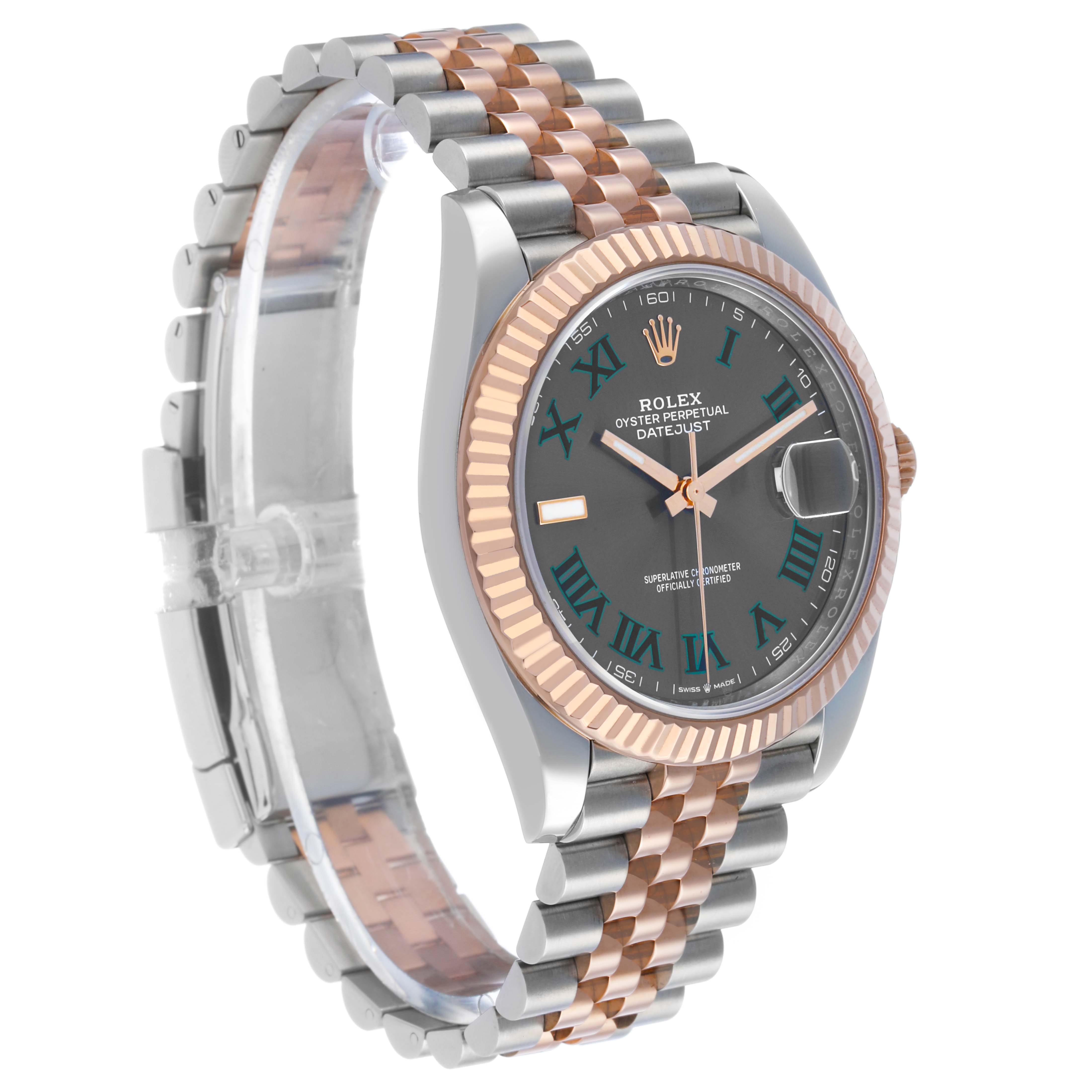 The Rolex Datejust 41 126331 Men's Steel and Gold (two tone) Grey Dial is shown at a side angle, highlighting the bezel, face, and two-tone bracelet.