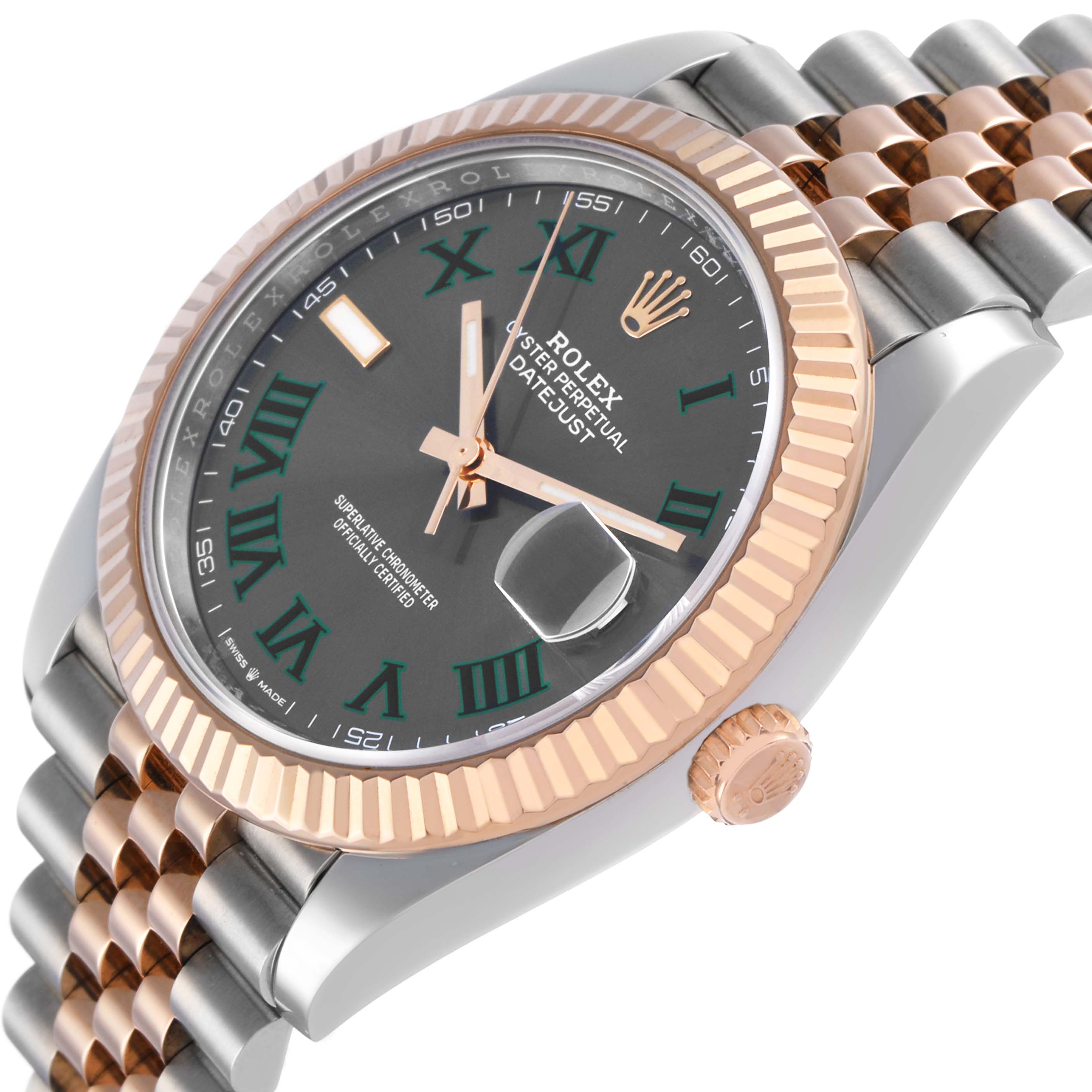 The Rolex Datejust 41 126331 Men's Steel and Gold (two tone) Grey Dial is shown at a side angle, highlighting the bezel, dial, crown, and Jubilee bracelet.