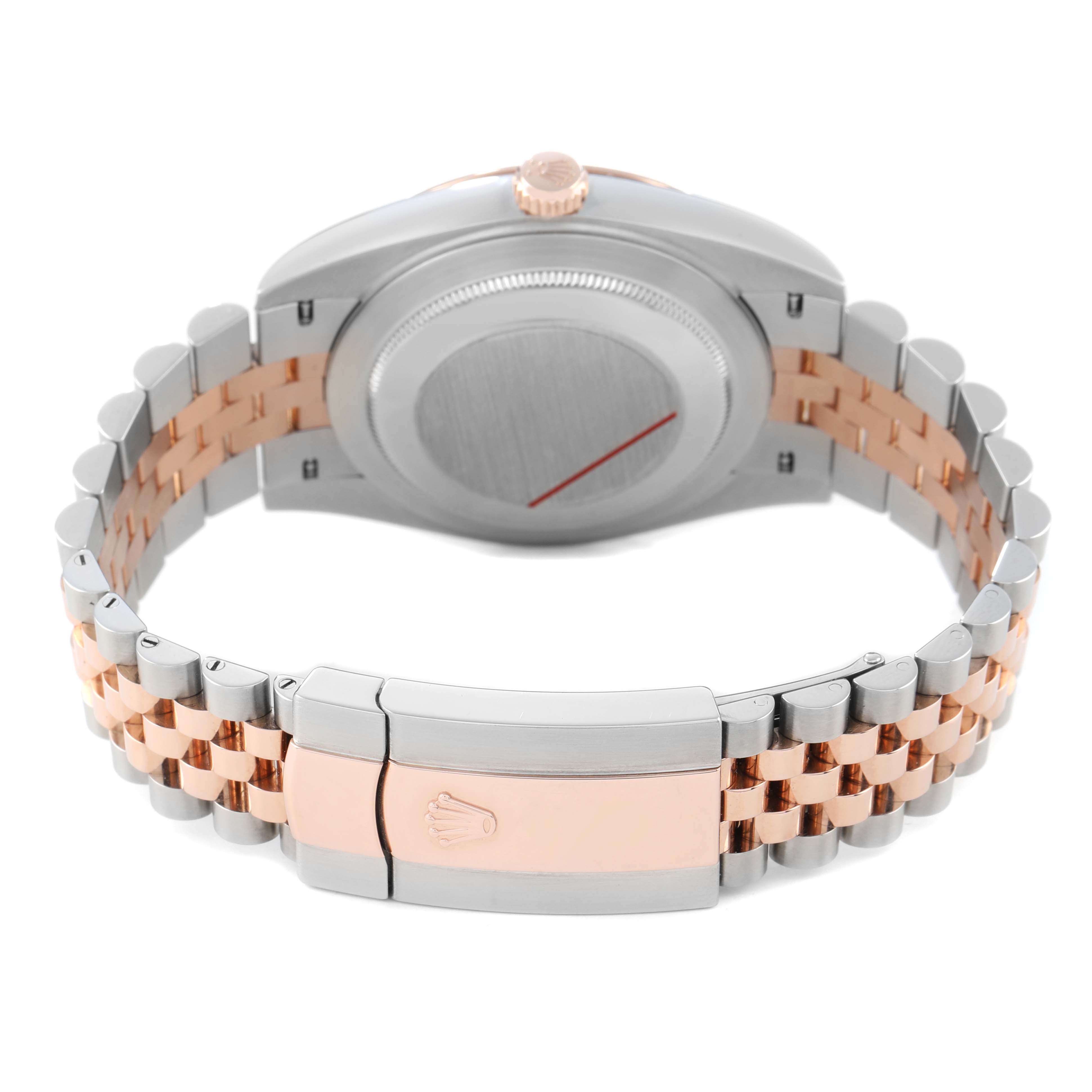 The image shows the back and clasp of a Rolex Datejust 41 126331 Men's Steel and Gold (two tone) Grey Dial, highlighting its two-tone bracelet and case back.