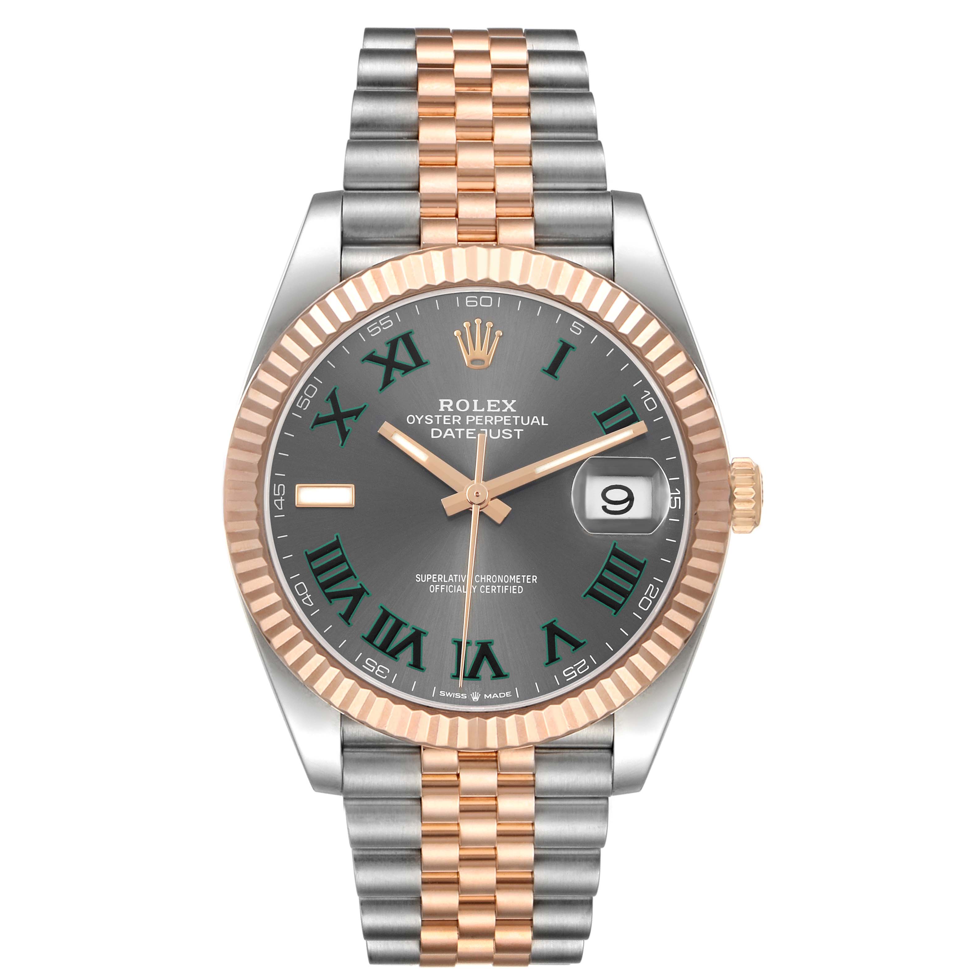 The Rolex Datejust 41 126331 Men's Steel and Gold (two tone) Grey Dial watch is shown from the front, highlighting the dial, bezel, bracelet, and crown.