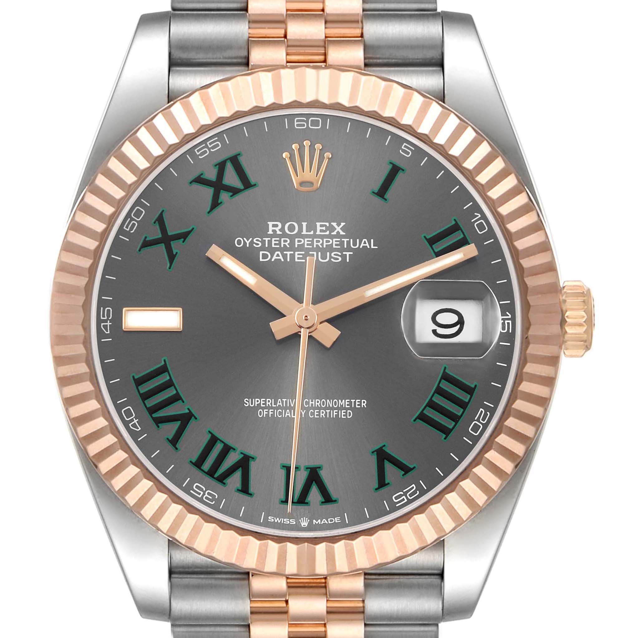 The Rolex Datejust 41 126331 Men's Steel and Gold (two tone) Grey Dial is shown from the front, highlighting the dial, bezel, crown, and part of the bracelet.