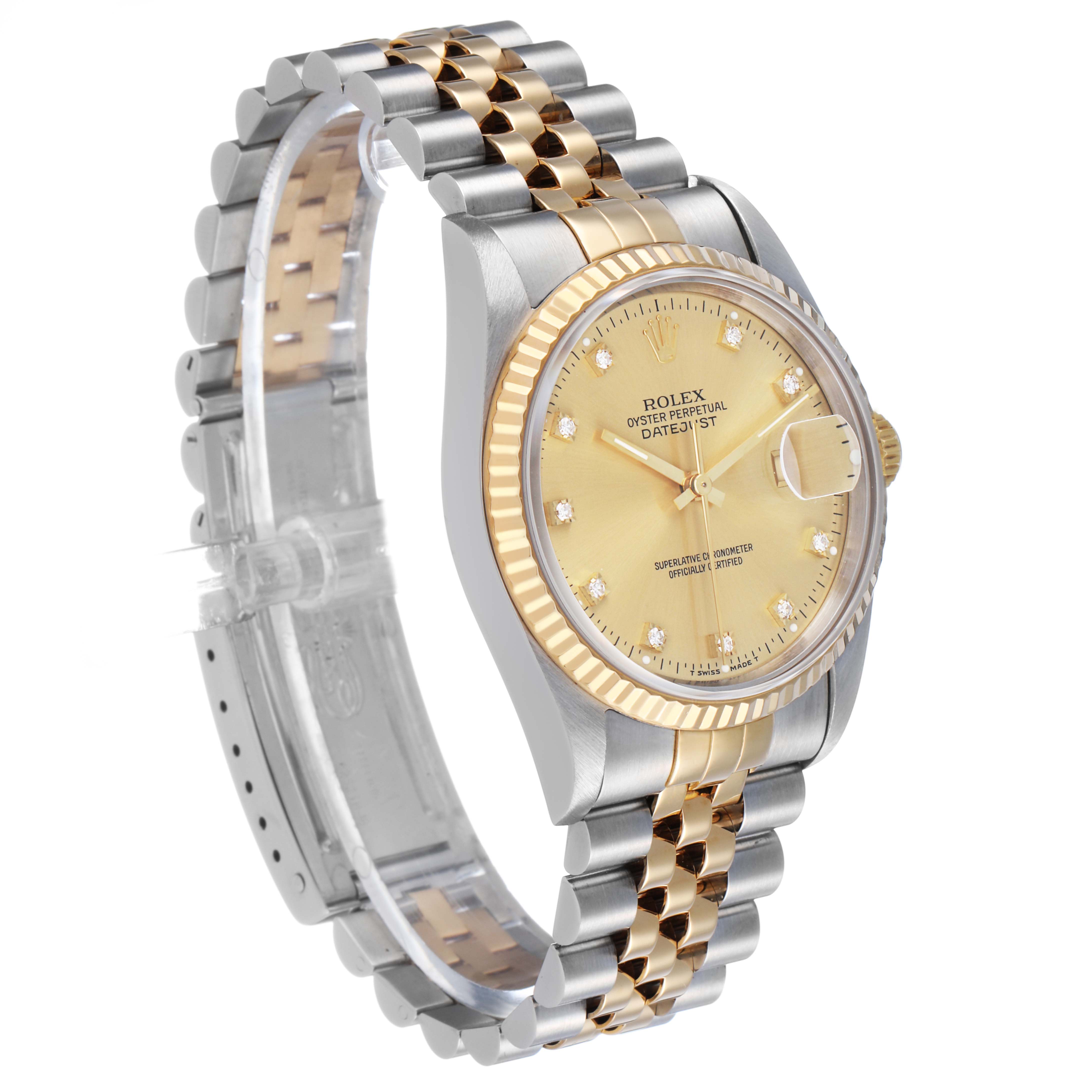 The Rolex Datejust 16233 Men's Steel and Gold (two tone) Champagne Dial is shown at an angle displaying the gold and silver bracelet, bezel, and champagne dial.