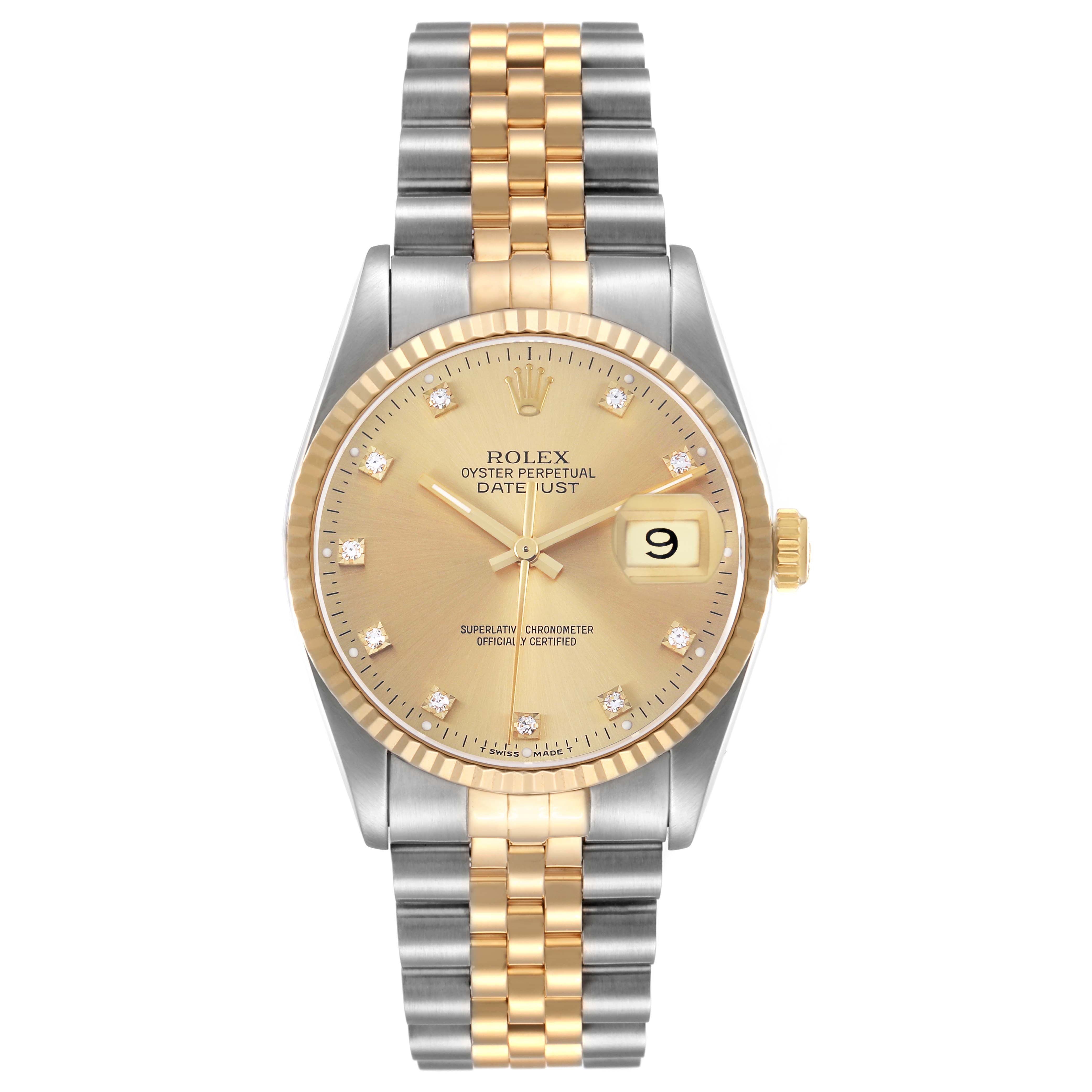 The Rolex Datejust 16233 Men's Steel and Gold (two tone) Champagne Dial watch is shown from a top-down angle, displaying its face, bezel, and bracelet.