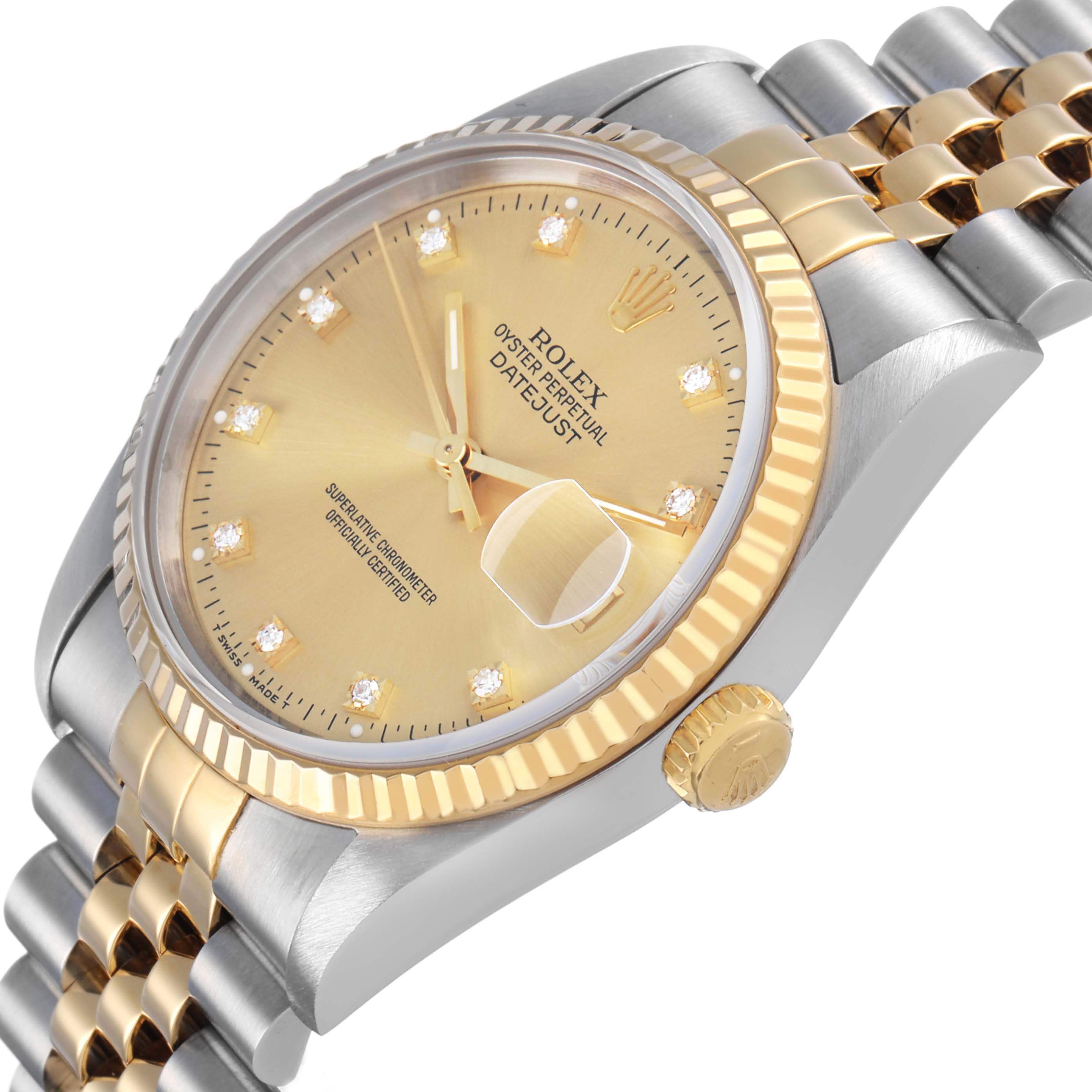 The Rolex Datejust 16233 Men's Steel and Gold (two tone) Champagne Dial watch is shown at a side angle, highlighting the dial, bezel, crown, and part of the bracelet.