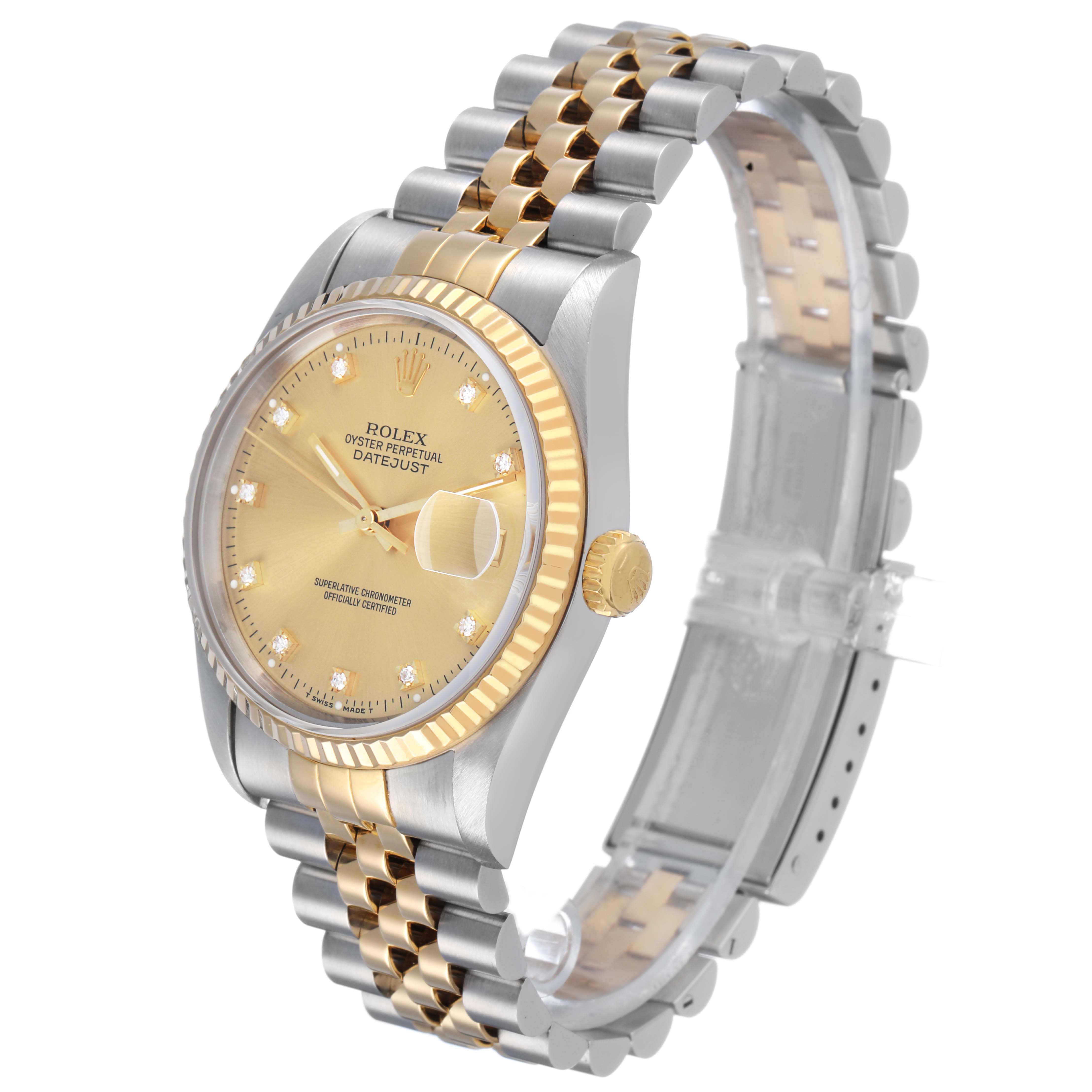 The Rolex Datejust 16233 Men's Steel and Gold (two tone) Champagne Dial watch is shown at a three-quarter angle, displaying the dial, fluted bezel, crown, and jubilee bracelet.