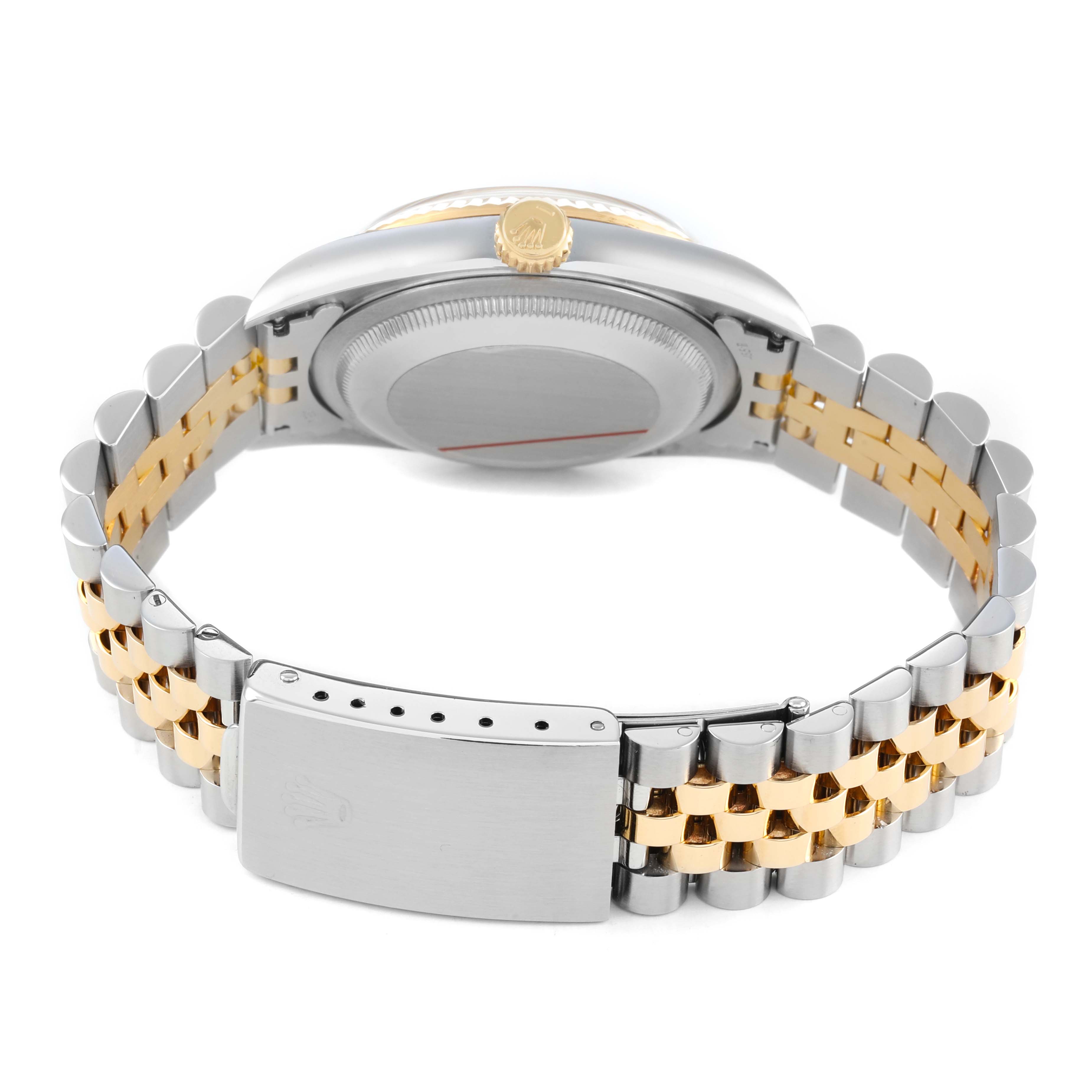 The Rolex Datejust 16233 Men's Steel and Gold (two tone) Champagne Dial is shown from the back, highlighting its two-tone bracelet, clasp, and case back.