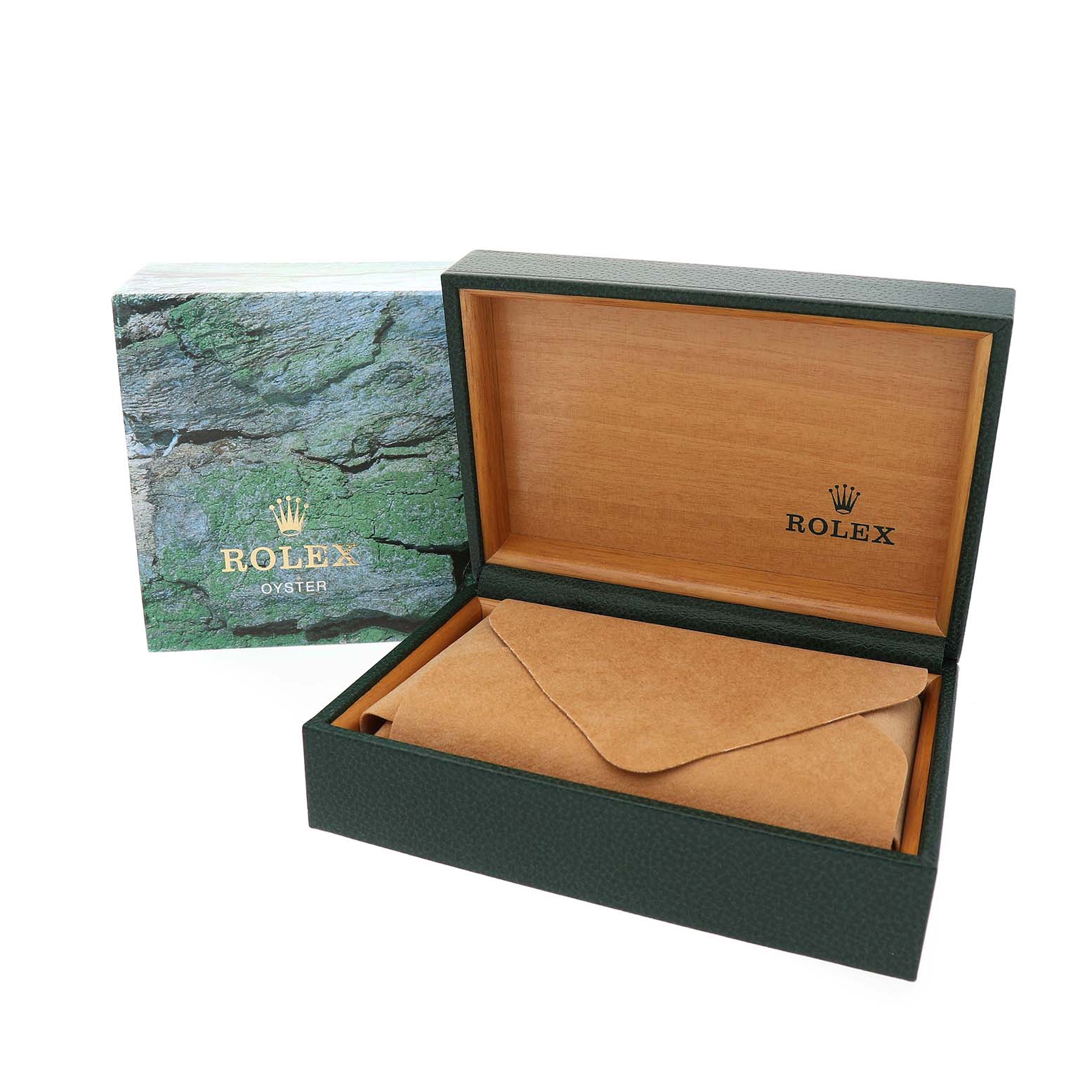 The image shows a Rolex Datejust 16233 Men's Steel and Gold (two tone) Champagne Dial watch box and packaging from a slightly elevated angle, with an open box displaying the interior and an envelope.