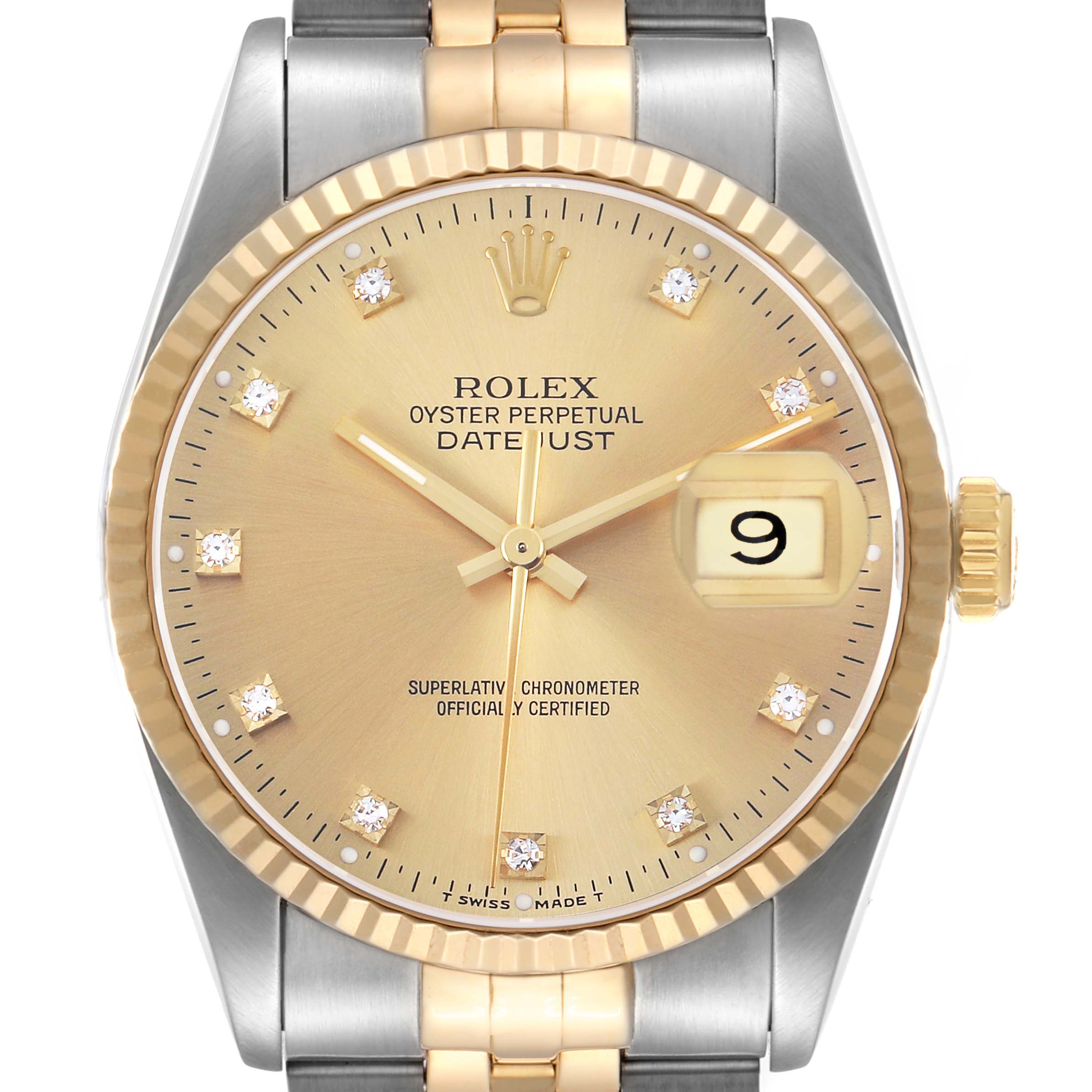 The Rolex Datejust 16233 Men's Steel and Gold (two tone) Champagne Dial watch is shown from a front angle, highlighting the gold dial, fluted bezel, and two-tone bracelet.
