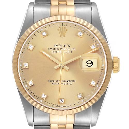 The Rolex Datejust 16233 Men's Steel and Gold (two tone) Champagne Dial watch is shown from the front, highlighting its dial, fluted bezel, and bracelet.