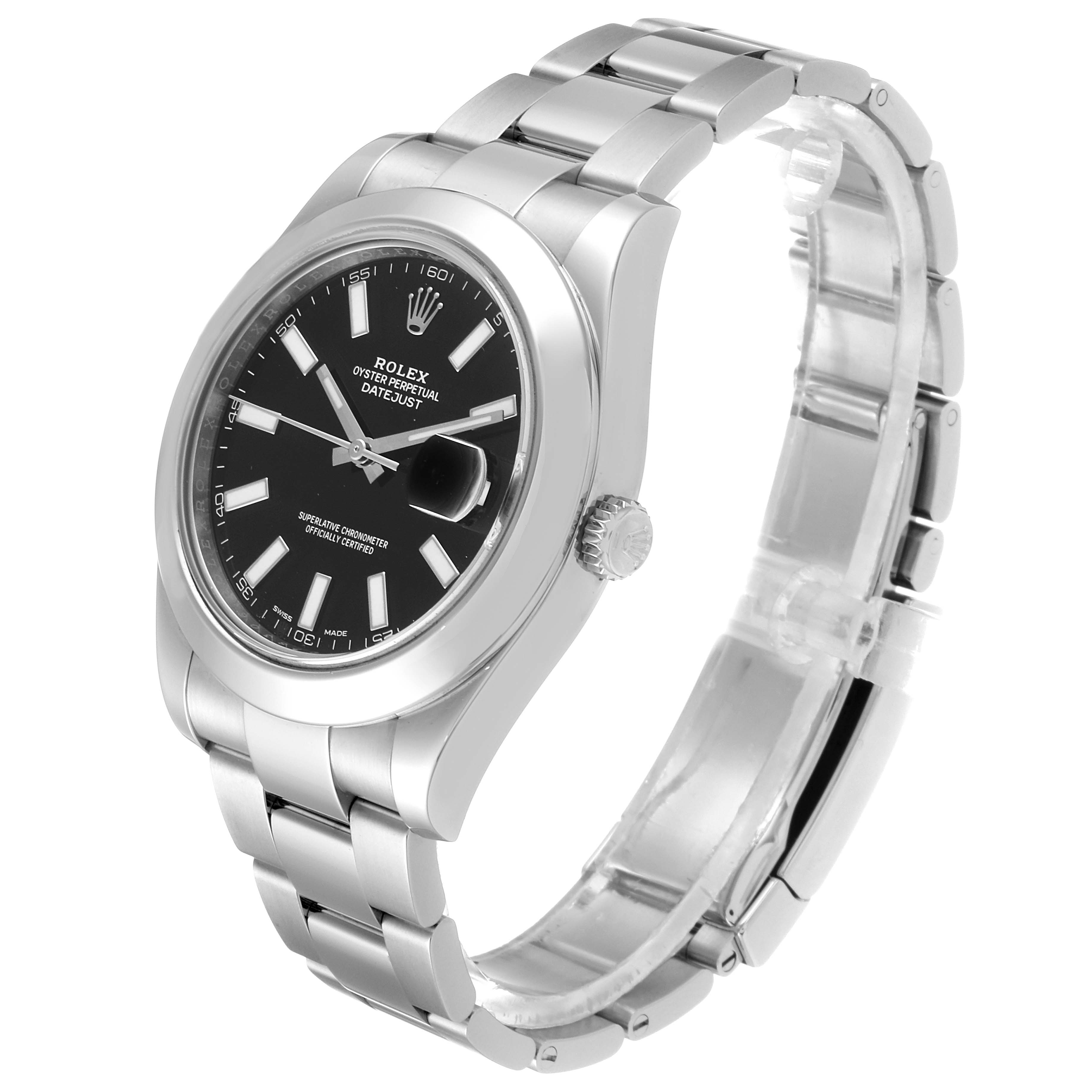 The image shows a side view of a Rolex Datejust 41 116300 Men
s Stainless Steel Black Dial 116300 Men
s Stainless Steel Black Dial watch, highlighting the case, dial, crown, and bracelet.