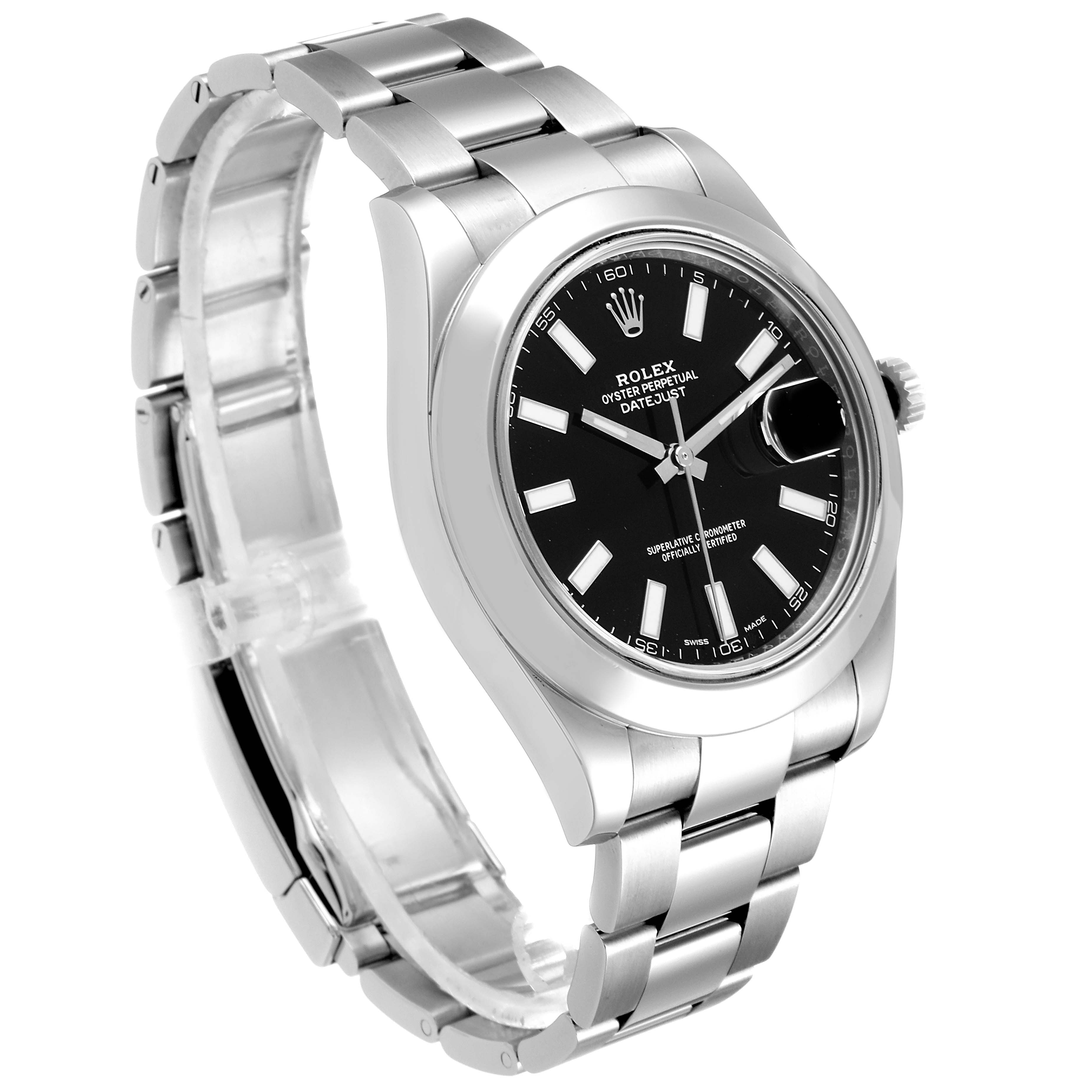 This image shows a Rolex Datejust 41 116300 Men
s Stainless Steel Black Dial 116300 Men
s Stainless Steel Black Dial watch from an angled view, highlighting its face, bezel, and metal bracelet.