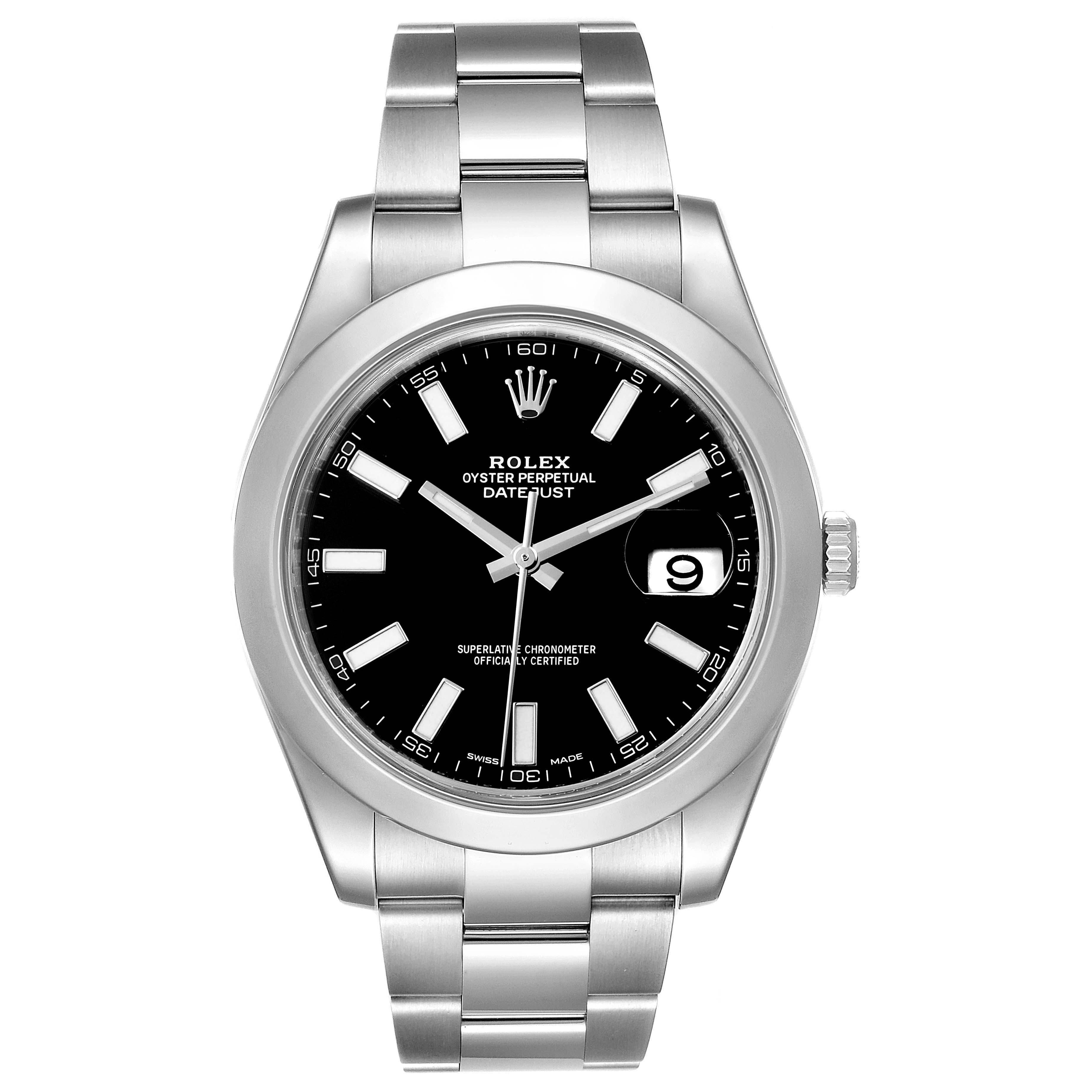 The image shows a front view of the Rolex Datejust 41 116300 Men
s Stainless Steel Black Dial 116300 Men
s Stainless Steel Black Dial watch, displaying its entire face, bezel, and bracelet.