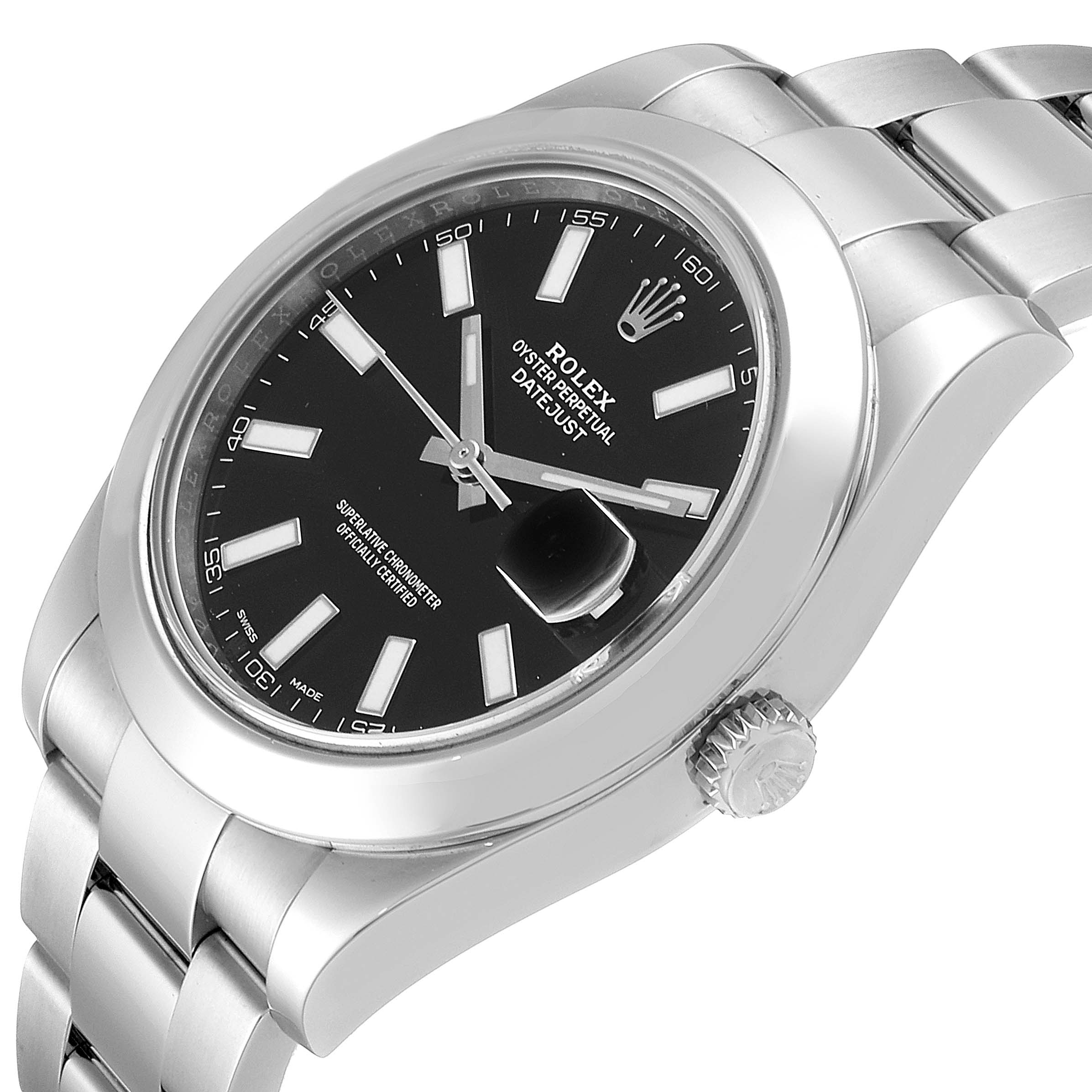 The image shows a close-up, angled view of a Rolex Datejust 41 116300 Men
s Stainless Steel Black Dial 116300 Men
s Stainless Steel Black Dial, highlighting the dial, bezel, crown, and part of the bracelet.