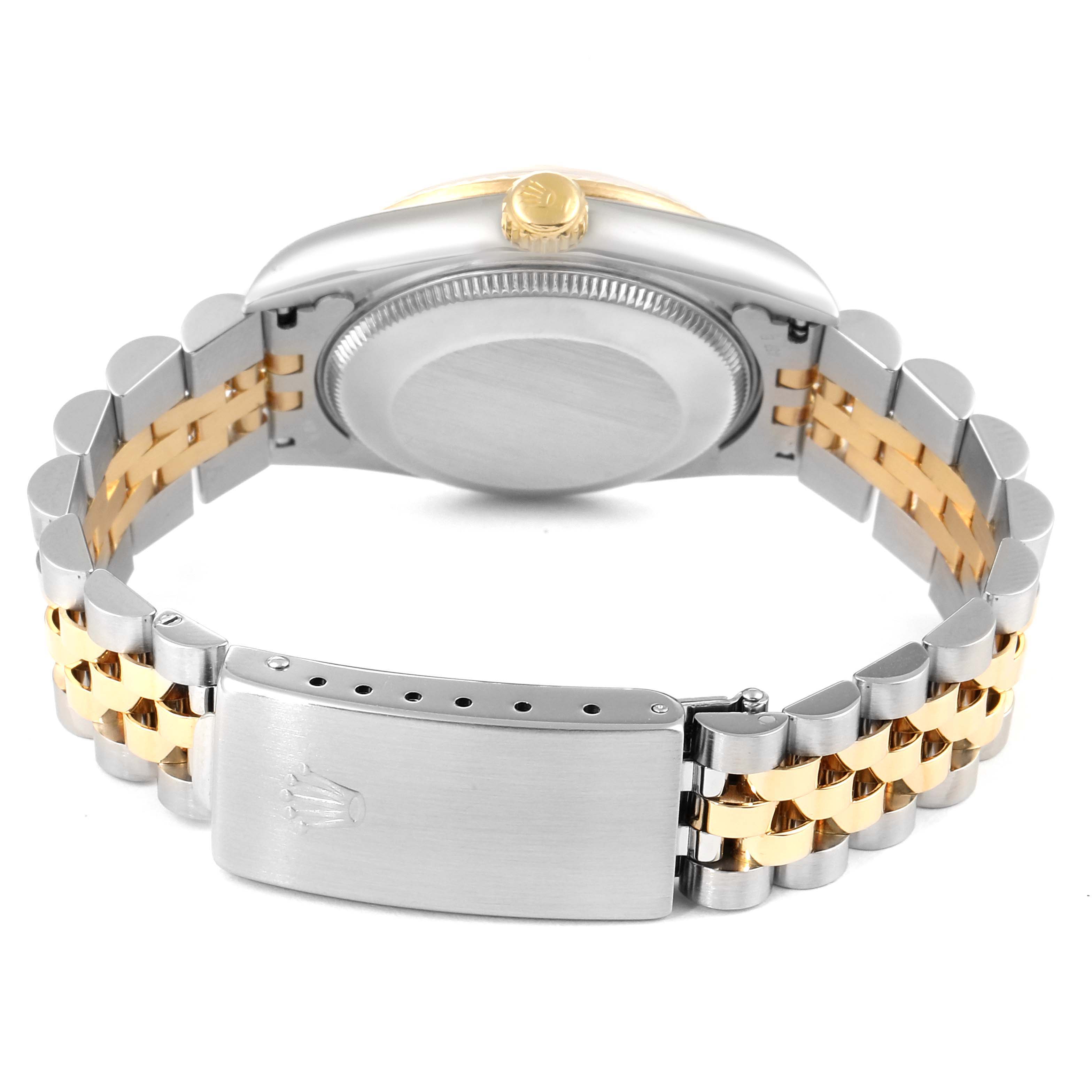This image shows the back view of a Rolex Mid-Size 68273 Women's Steel and Gold (two tone) Silver Dial 68273 Women's Steel and Gold (two tone) Silver Dial model watch, highlighting the clasp, case back, and bracelet.