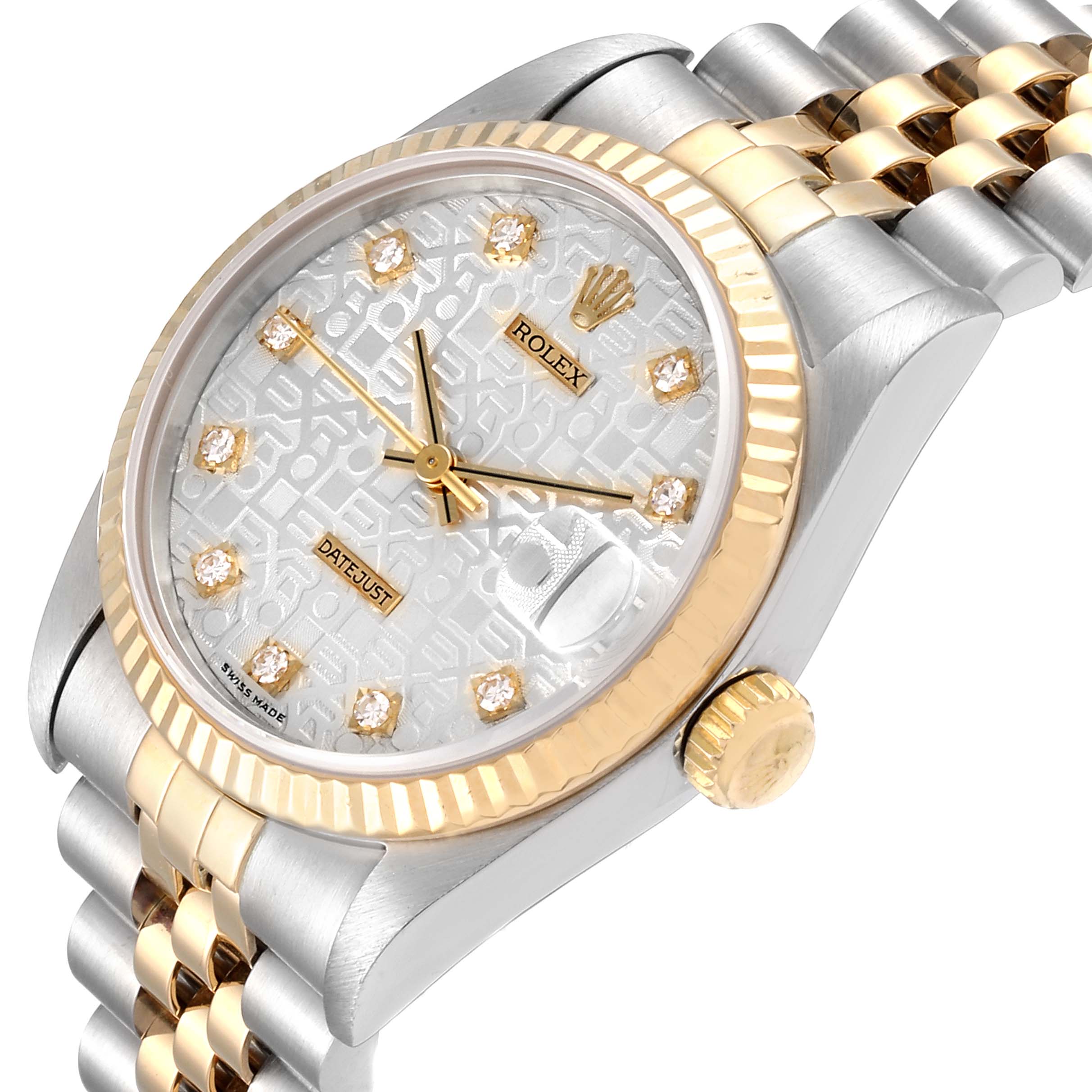 The image shows a Rolex Mid-Size 68273 Women's Steel and Gold (two tone) Silver Dial 68273 Women's Steel and Gold (two tone) Silver Dial Datejust watch with a gold and silver bracelet, fluted bezel, and diamond hour markers.