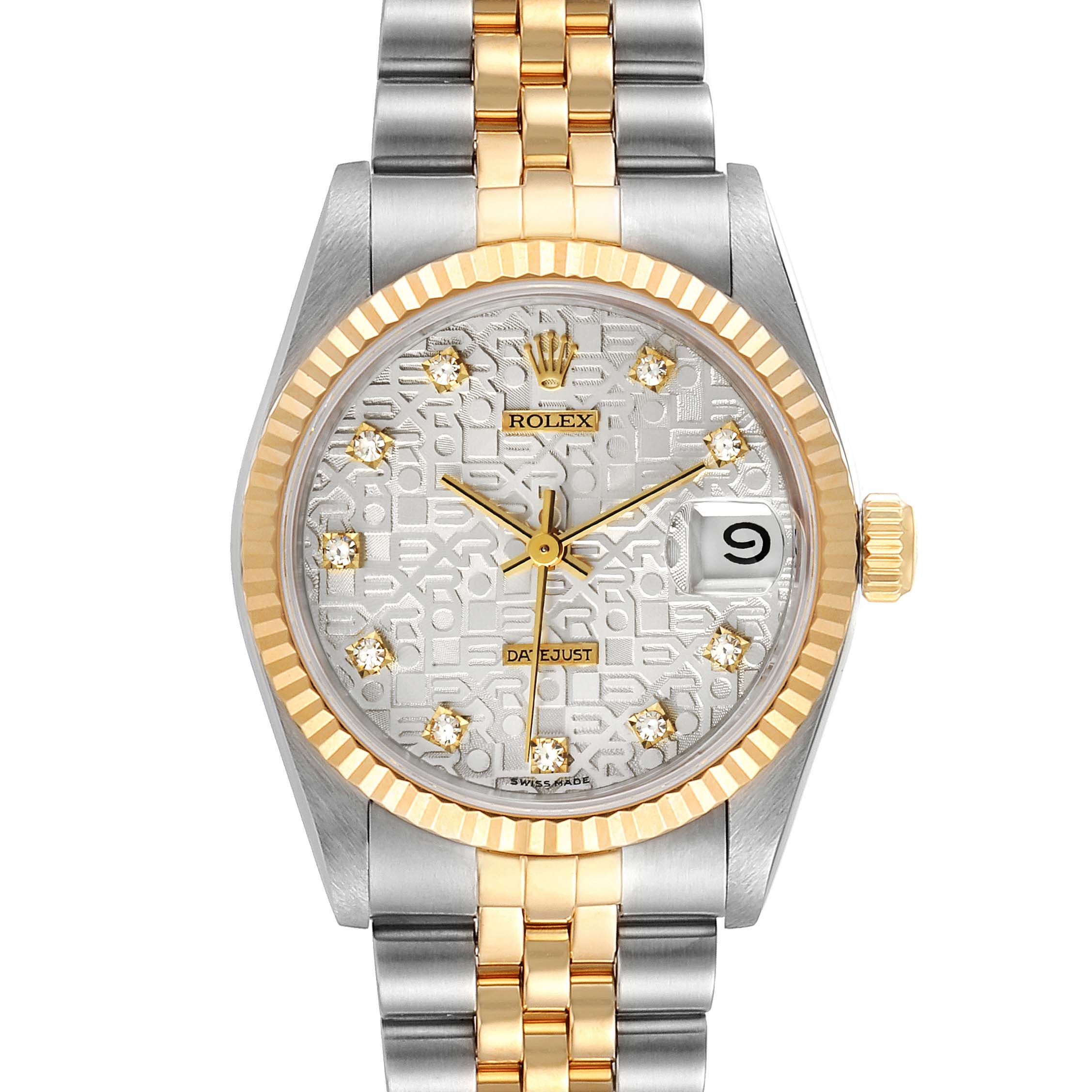 The image shows a front view of a Rolex Mid-Size 68273 Women's Steel and Gold (two tone) Silver Dial 68273 Women's Steel and Gold (two tone) Silver Dial Datejust watch, featuring a two-tone bracelet and fluted bezel.