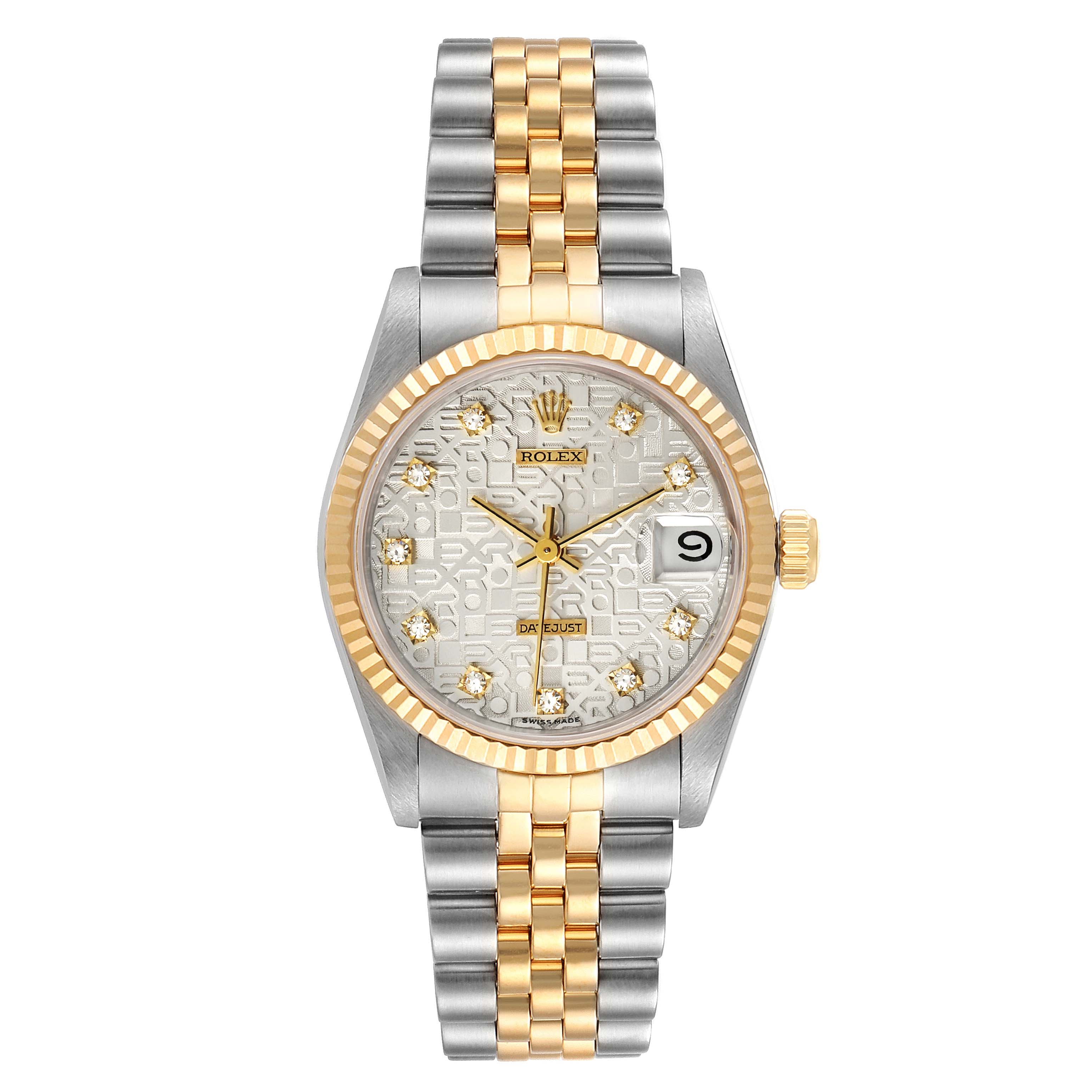 The image shows a front view of a mid-size Rolex Datejust watch with a silver and gold Jubilee bracelet.