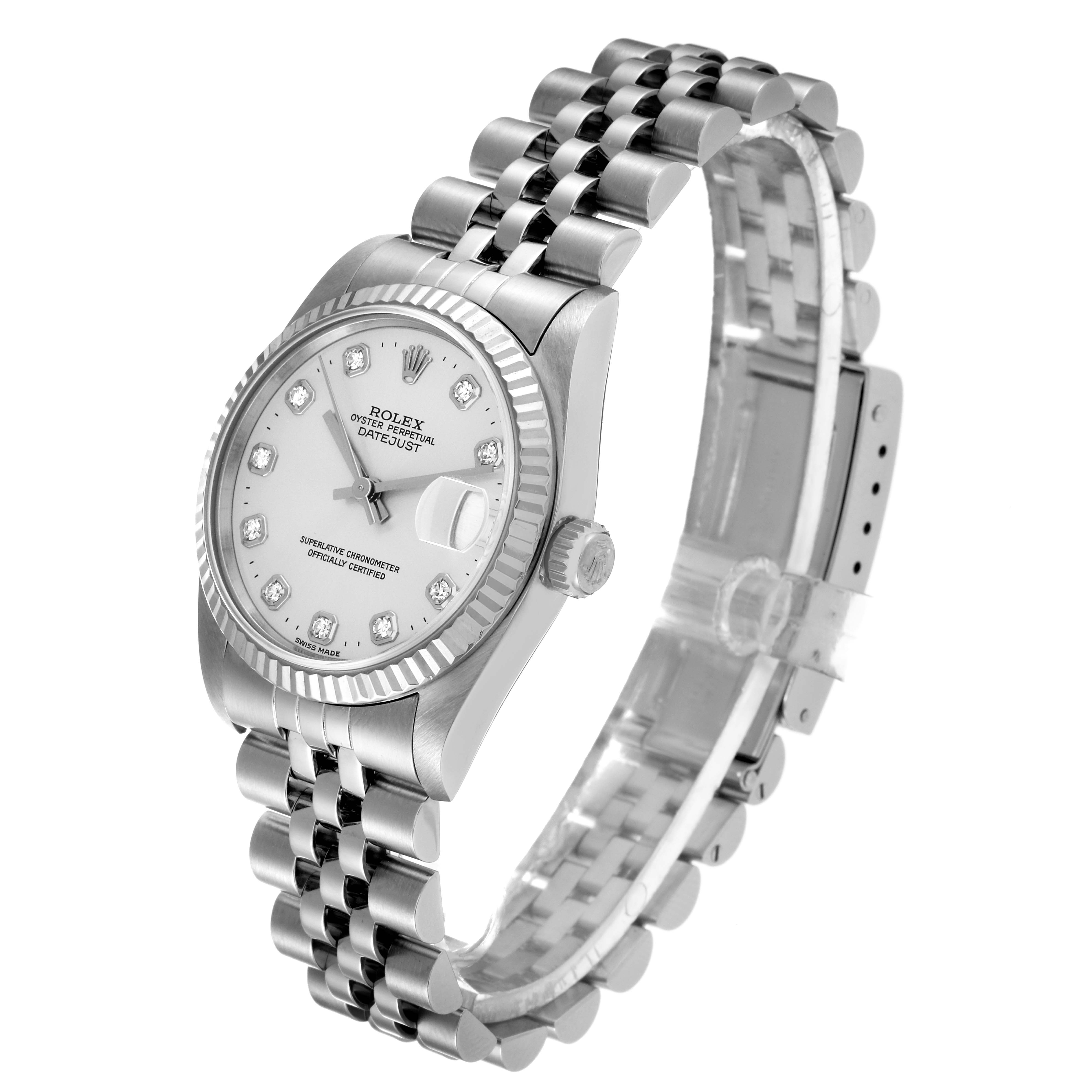 The Rolex Mid-Size 68274 Women
s Stainless Steel Silver Dial 68274 Women
s Stainless Steel Silver Dial model watch is shown at a three-quarter angle displaying the dial, bezel, crown, and bracelet.