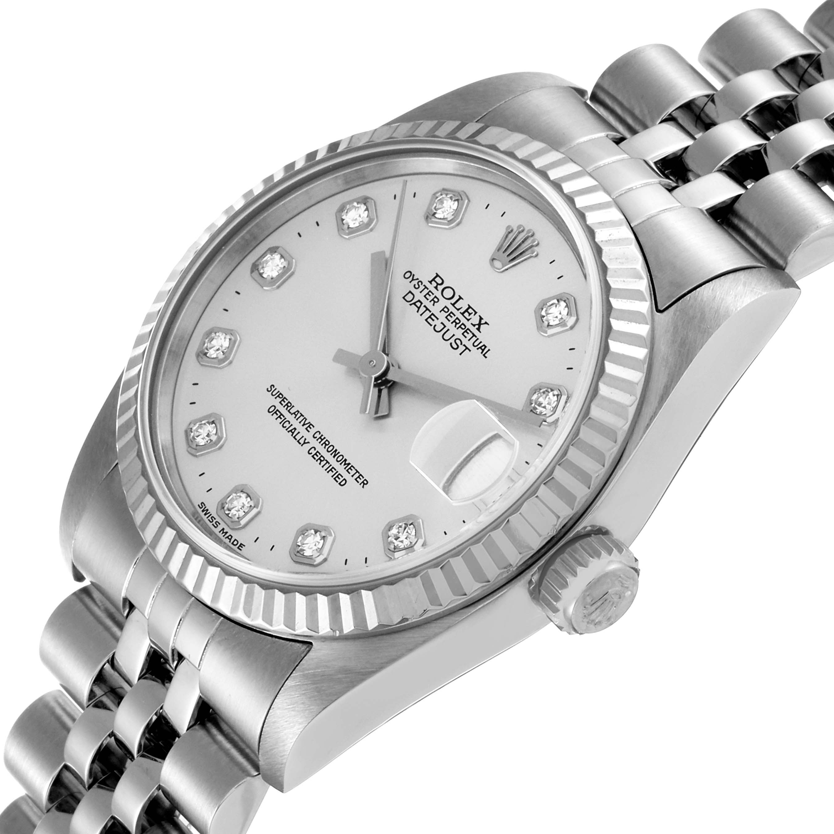 The image shows a close-up, angled view of the face, bezel, and part of the bracelet of a Rolex Datejust Mid-Size watch.