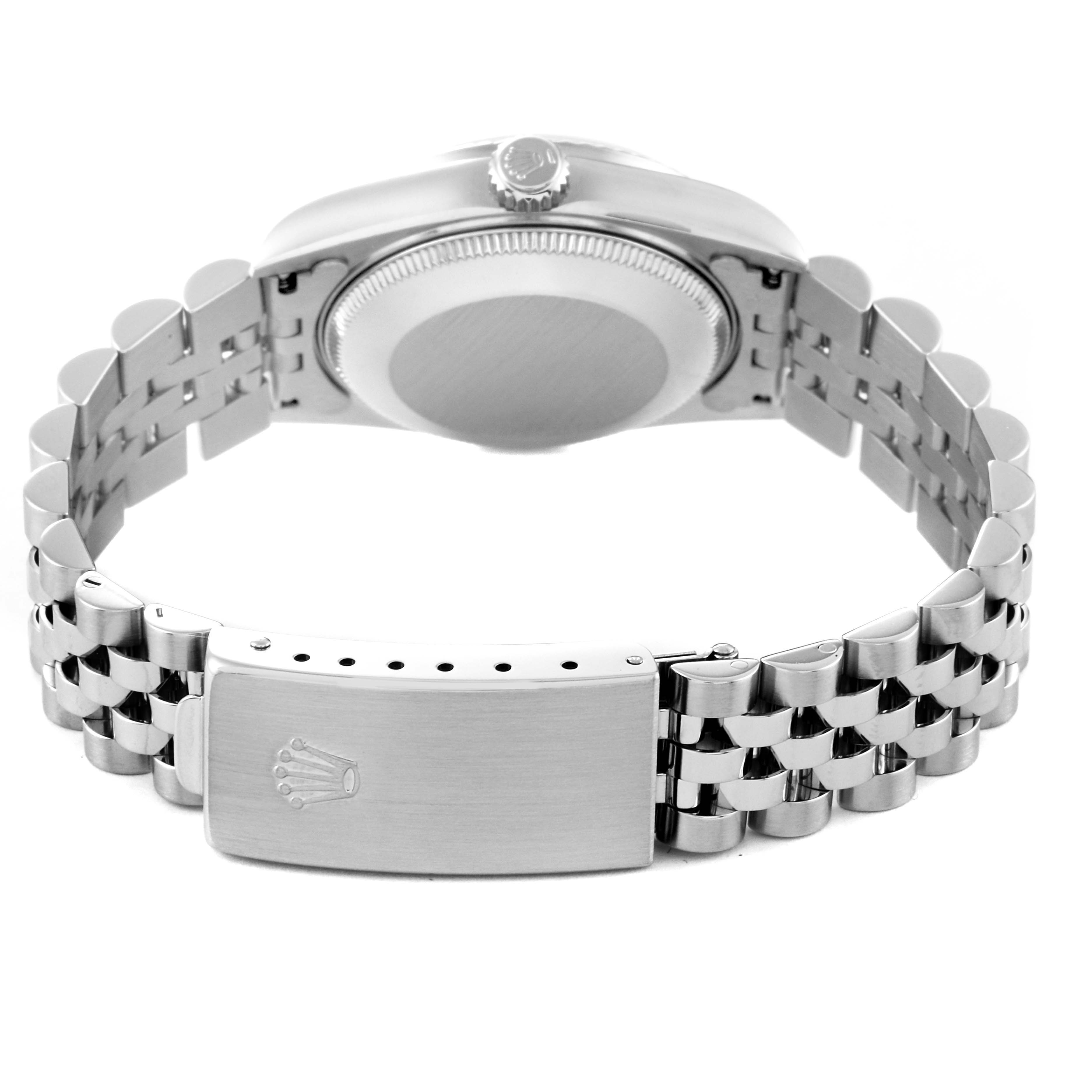 This image shows the back case, clasp, and bracelet of a Rolex Mid-Size 68274 Women
s Stainless Steel Silver Dial 68274 Women
s Stainless Steel Silver Dial model watch.