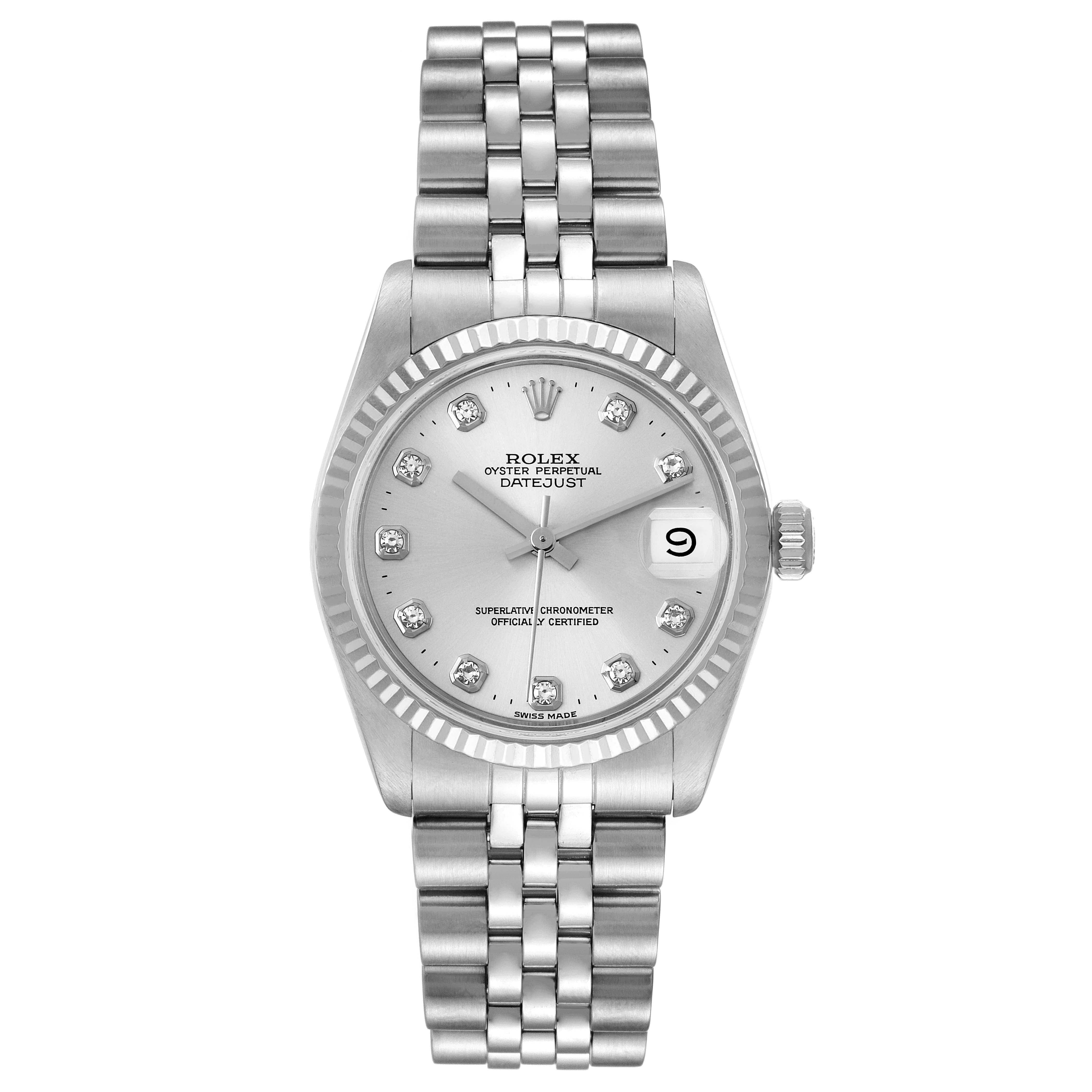 The image shows a front view of a Rolex Mid-Size 68274 Women
s Stainless Steel Silver Dial 68274 Women
s Stainless Steel Silver Dial Oyster Perpetual Datejust watch, highlighting its face and bracelet.