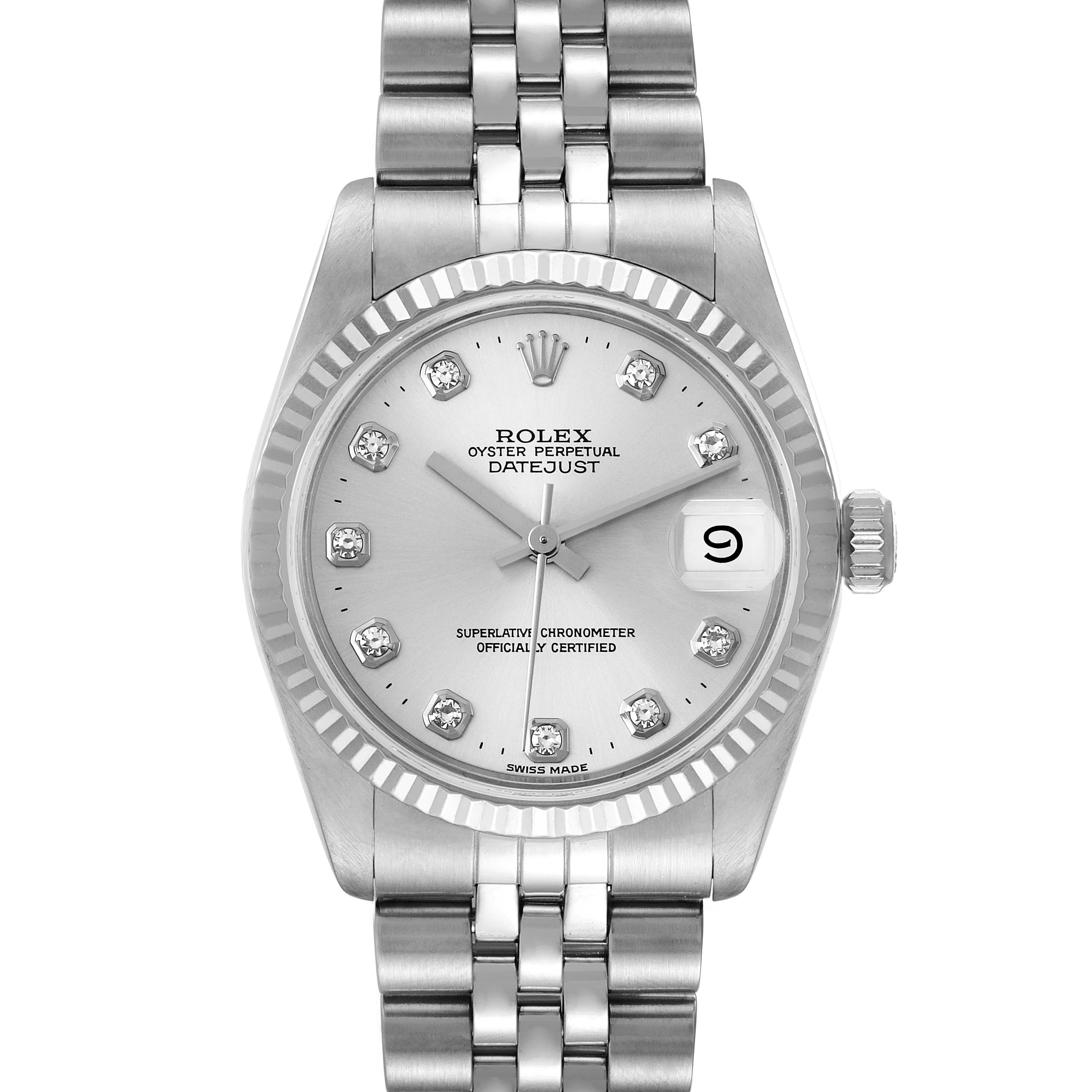 This image shows a front view of a Rolex Mid-Size 68274 Women
s Stainless Steel Silver Dial 68274 Women
s Stainless Steel Silver Dial Oyster Perpetual Datejust, featuring its dial, bezel, and bracelet.
