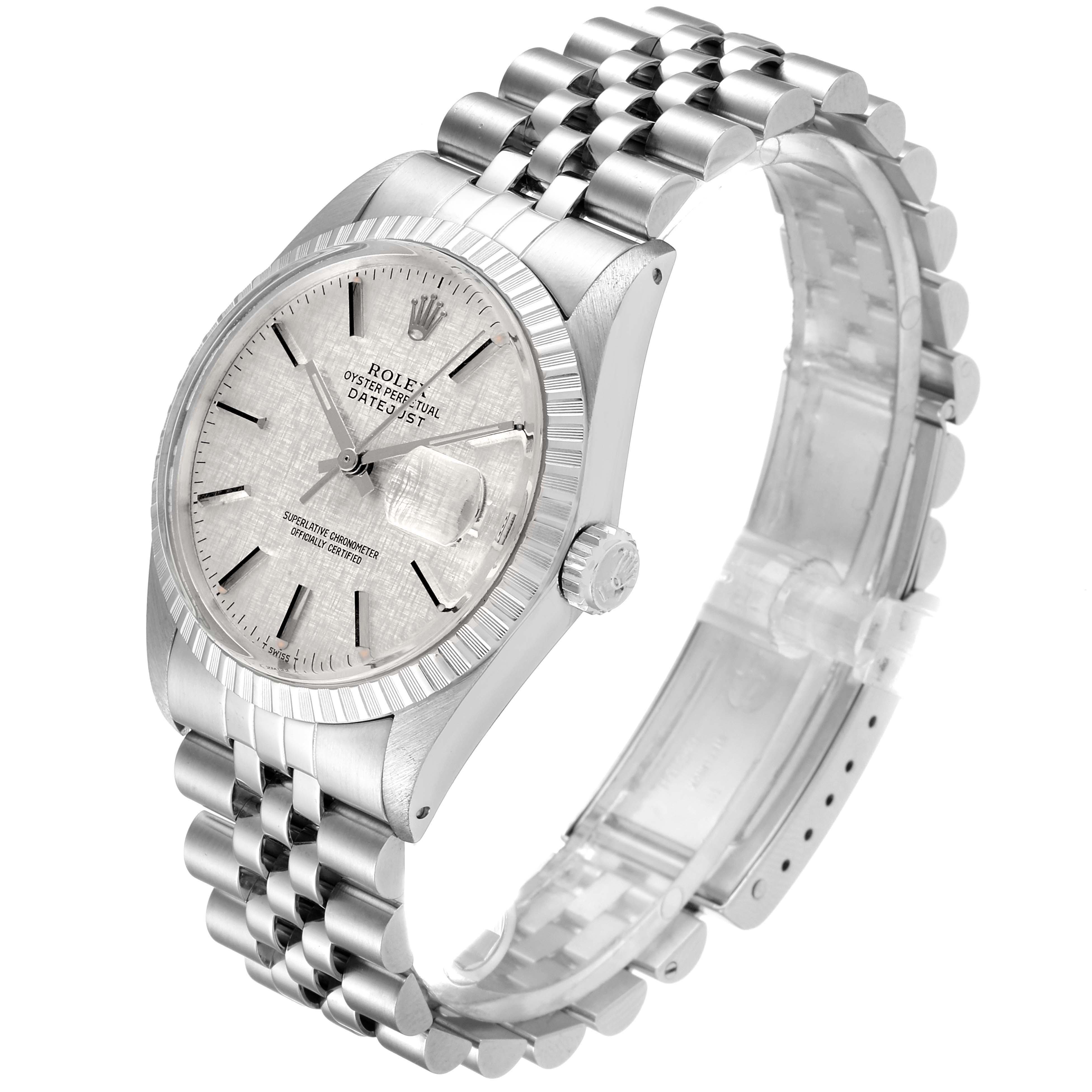 This is a side-angle view of a Rolex Datejust 16030 Men's Stainless Steel Silver Dial 16030 Men's Stainless Steel Silver Dial, showing the dial, crown, and Jubilee bracelet.