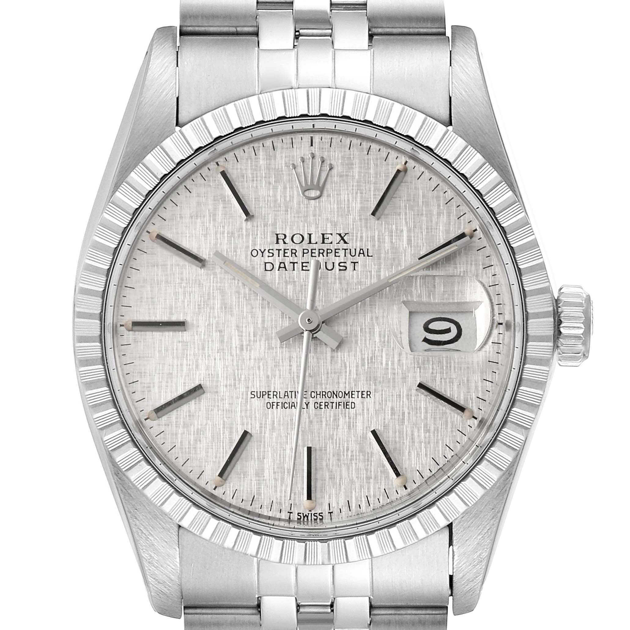 The image shows the front view of the Rolex Datejust 16030 Men's Stainless Steel Silver Dial 16030 Men's Stainless Steel Silver Dial watch, highlighting its face, bezel, and stainless steel bracelet.