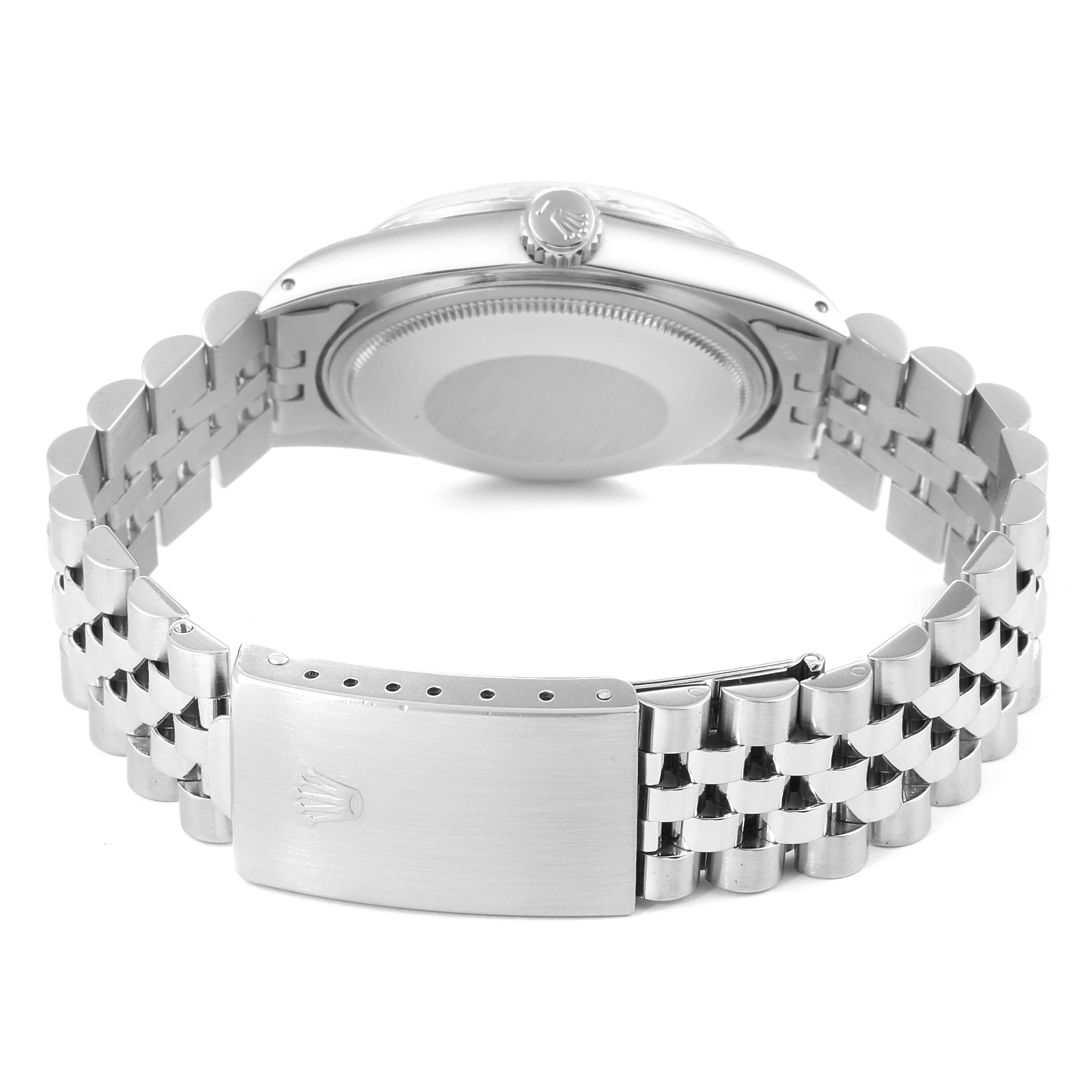 The image shows the Rolex Datejust 16030 Men's Stainless Steel Silver Dial 16030 Men's Stainless Steel Silver Dial watch from the back, highlighting the bracelet, clasp, and case back.