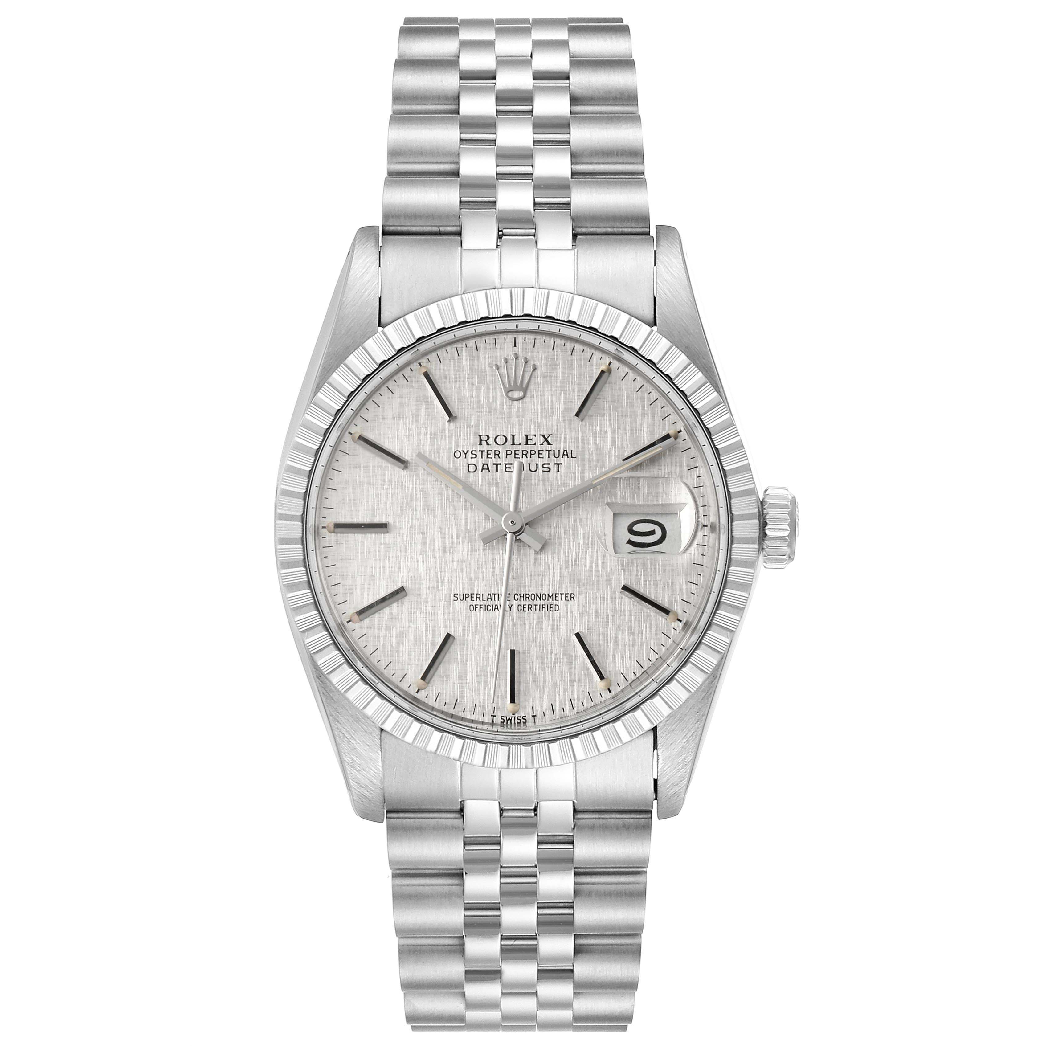 This image shows a front view of a Rolex Datejust 16030 Men's Stainless Steel Silver Dial 16030 Men's Stainless Steel Silver Dial watch, highlighting its case, dial, bezel, and Jubilee bracelet.