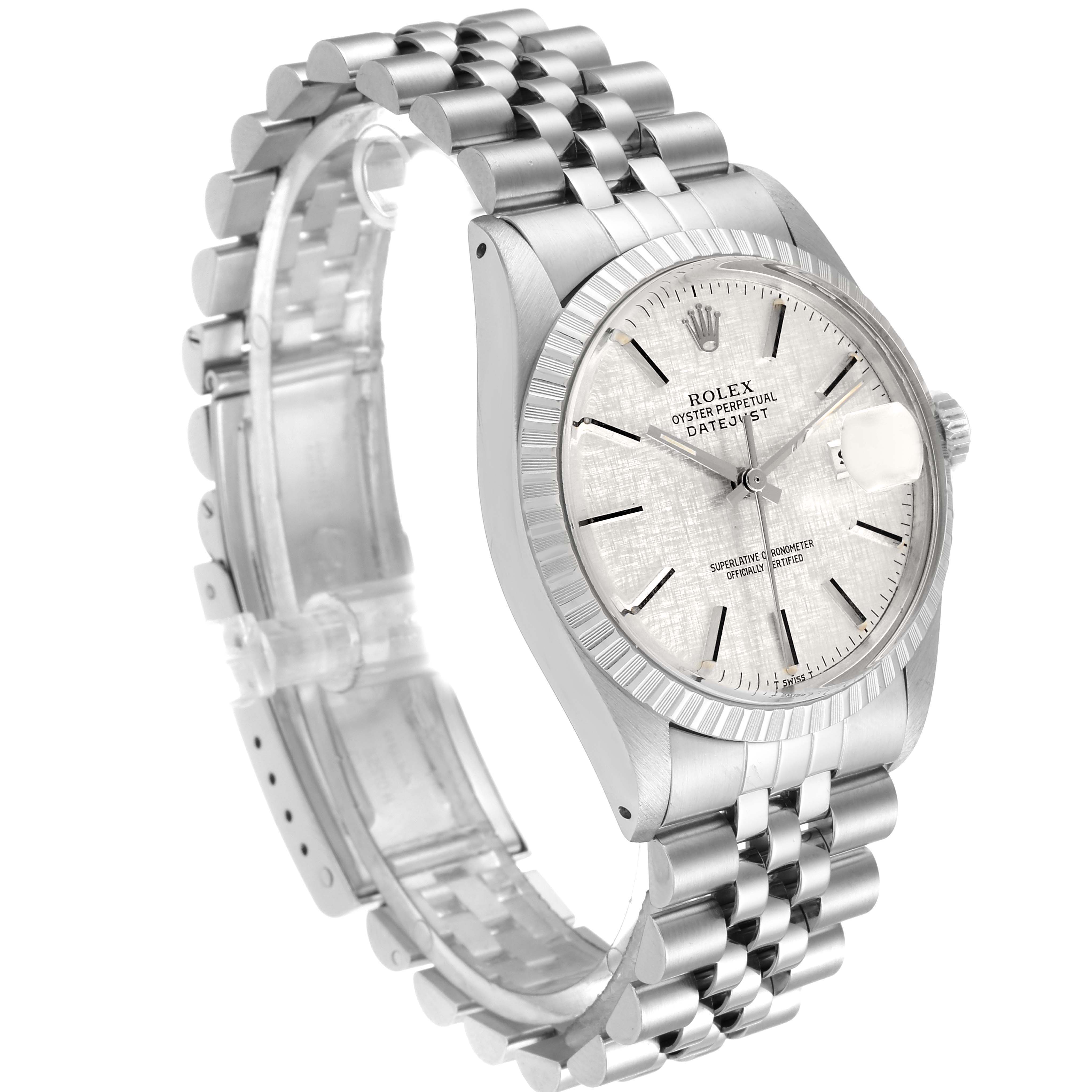 This image shows a side-angle view of the Rolex Datejust 16030 Men's Stainless Steel Silver Dial 16030 Men's Stainless Steel Silver Dial watch, highlighting the face, bezel, and Jubilee bracelet.