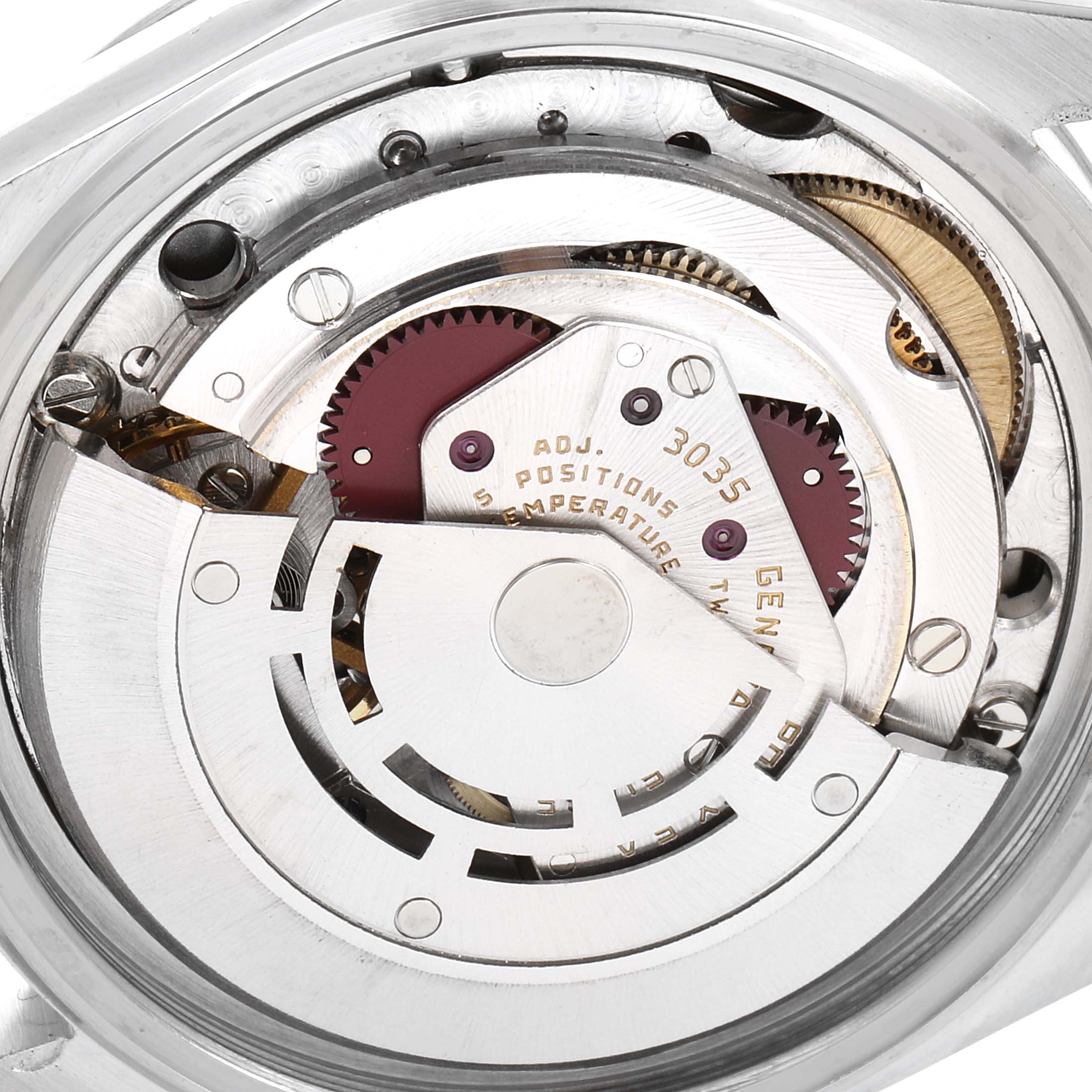 This is a close-up view of the Rolex Datejust 16030 Men's Stainless Steel Silver Dial 16030 Men's Stainless Steel Silver Dial movement mechanism showcasing its intricate gears and components.