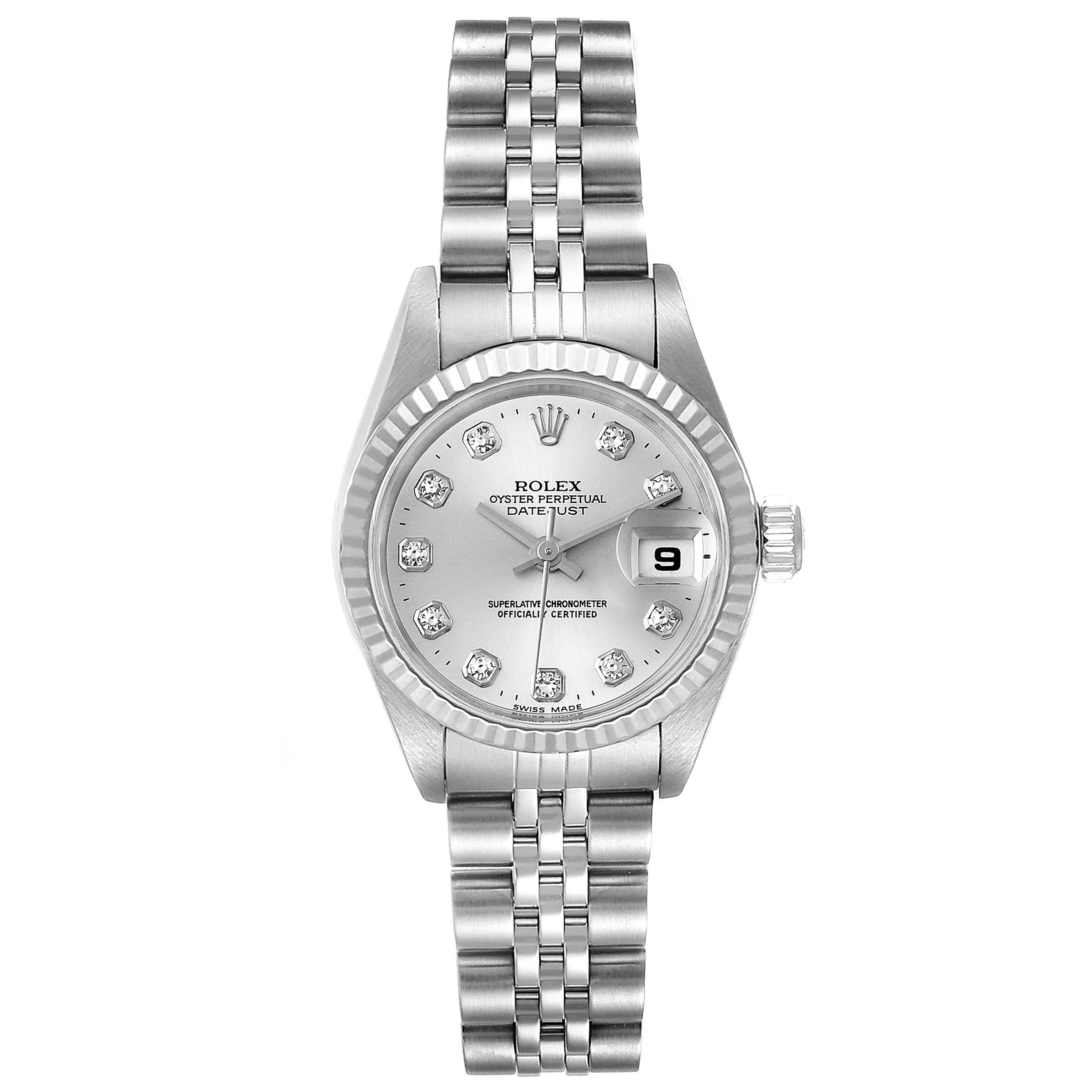 The image shows a front view of the Rolex Datejust 79174 Women's Stainless Steel Silver Dial 79174 Women's Stainless Steel Silver Dial watch, displaying the dial, bezel, case, crown, and bracelet.