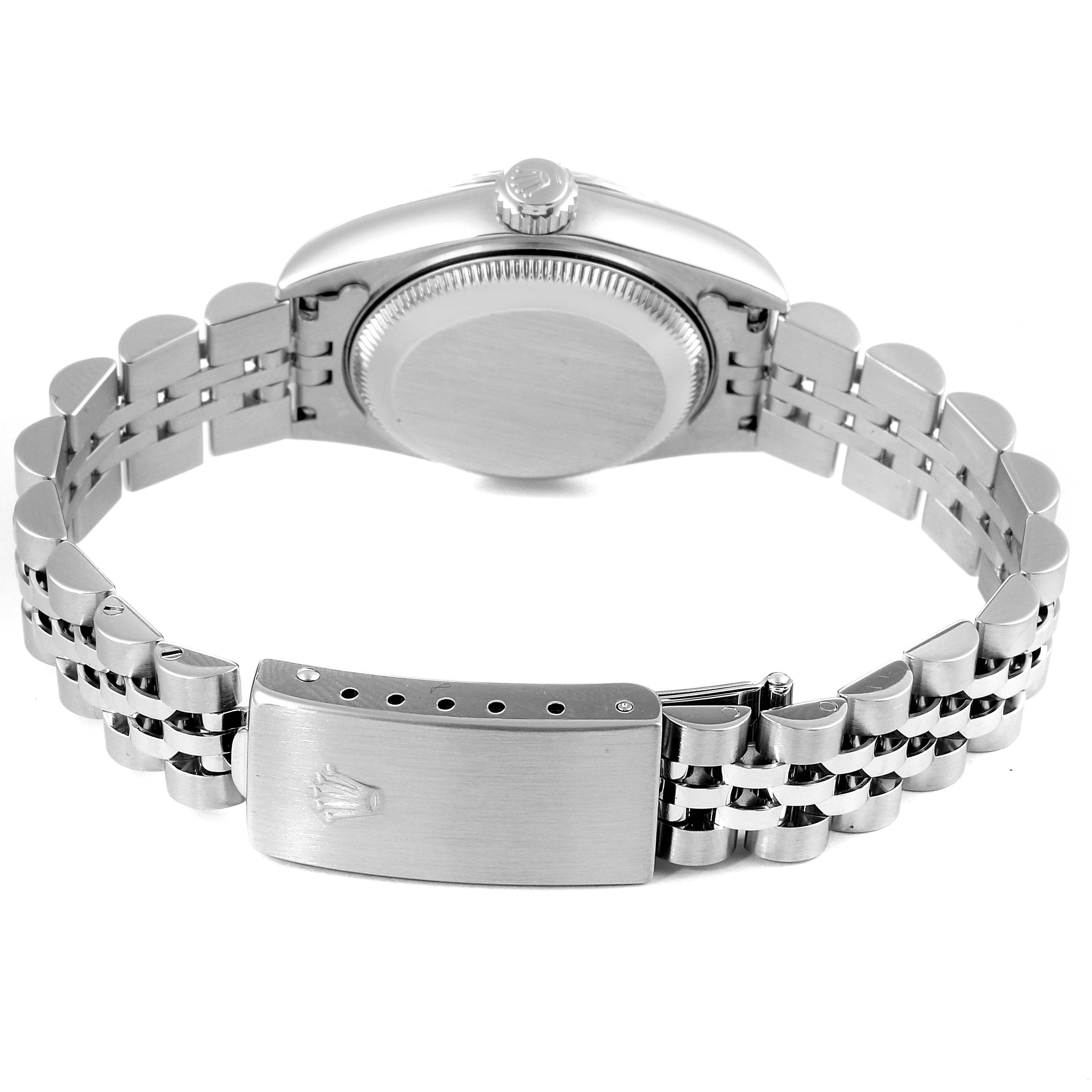 This image shows the backside of a Rolex Datejust 79174 Women's Stainless Steel Silver Dial 79174 Women's Stainless Steel Silver Dial watch, highlighting the bracelet, clasp, and case back.