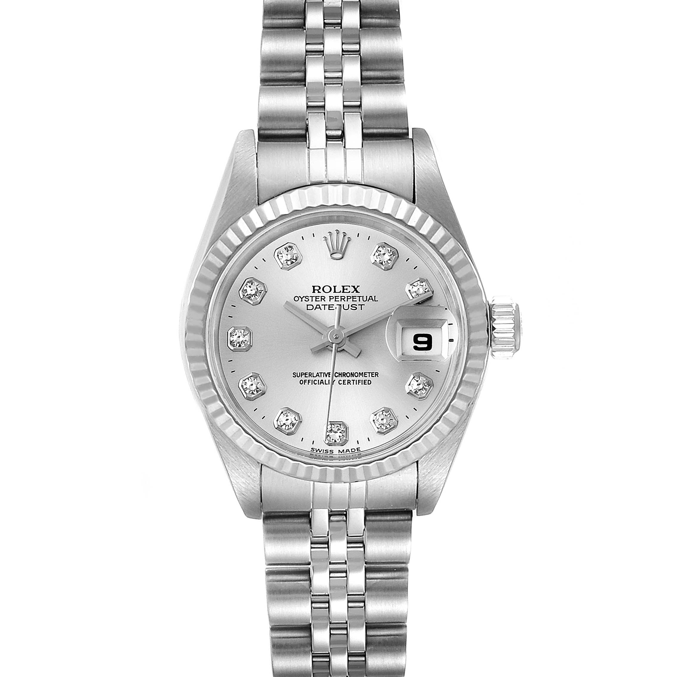 The image shows a front-view angle of a Rolex Datejust 79174 Women's Stainless Steel Silver Dial 79174 Women's Stainless Steel Silver Dial watch, highlighting the dial, bezel, crown, and bracelet.