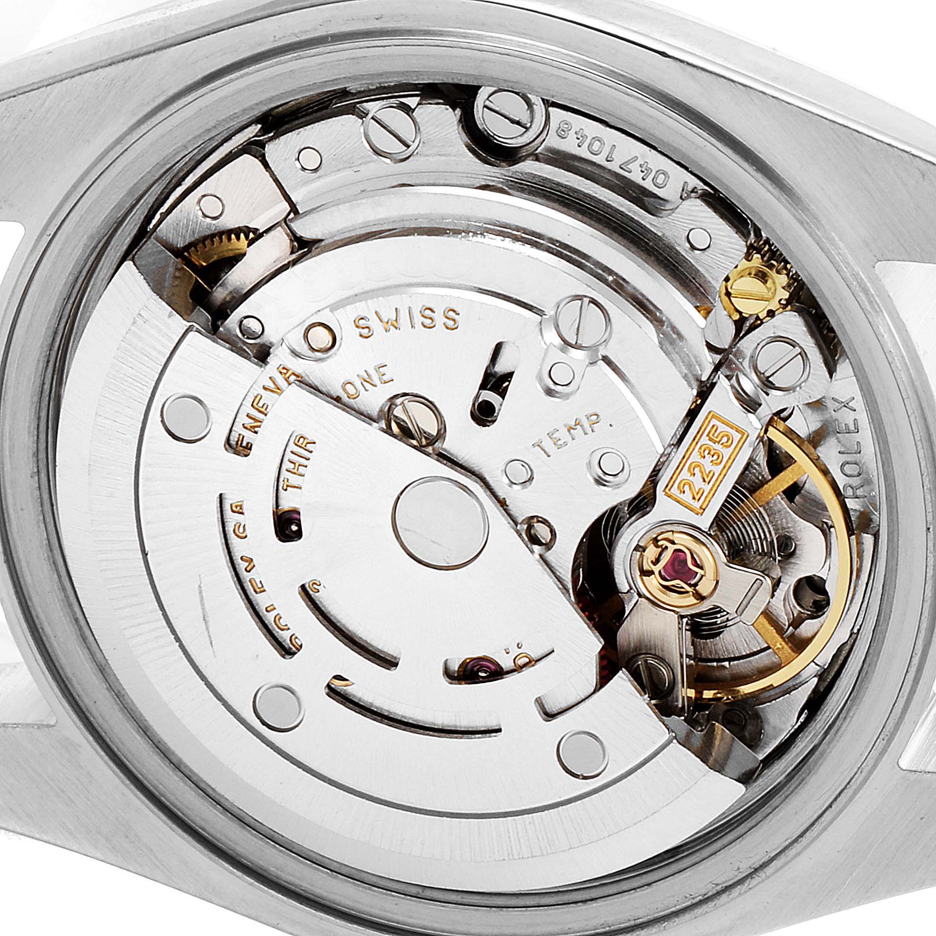 This is a close-up view of the inner mechanical movement of a Rolex Datejust 79174 Women's Stainless Steel Silver Dial 79174 Women's Stainless Steel Silver Dial watch, showcasing its intricate components.