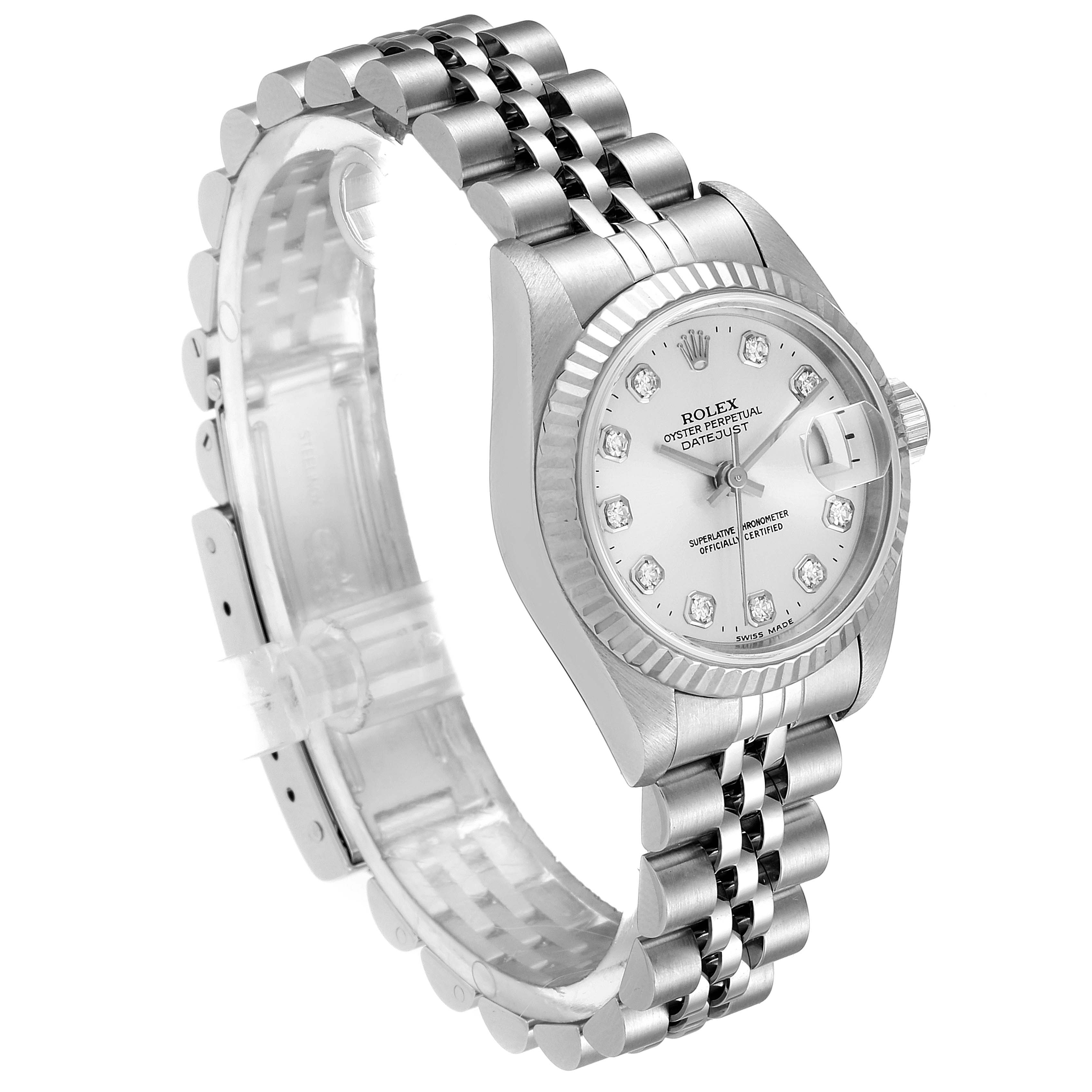 This image shows a Rolex Datejust 79174 Women's Stainless Steel Silver Dial 79174 Women's Stainless Steel Silver Dial watch from a slight side angle, highlighting the dial, bezel, and bracelet.