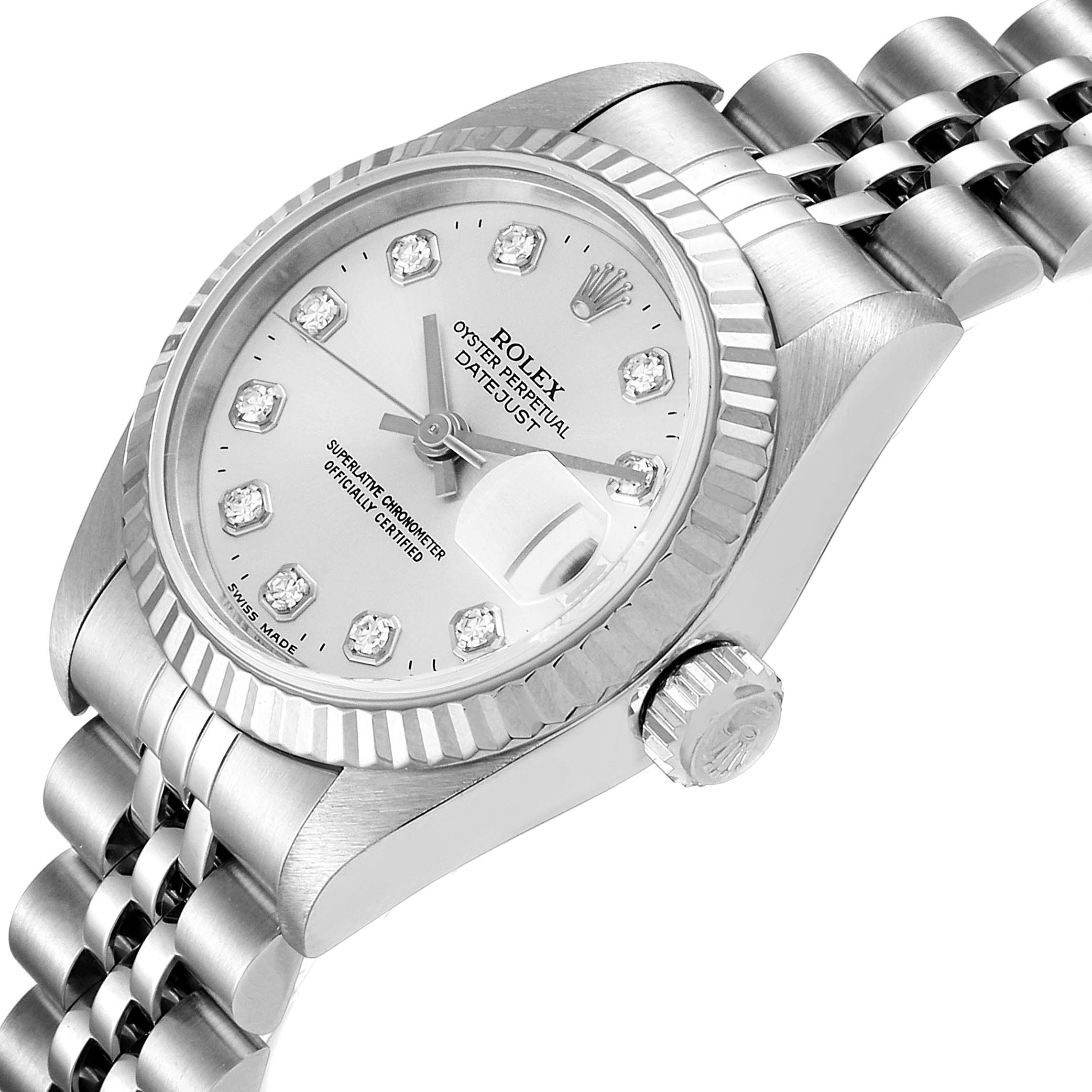 The image shows a Rolex Datejust 79174 Women's Stainless Steel Silver Dial 79174 Women's Stainless Steel Silver Dial watch at an angled close-up, highlighting the dial, bezel, crown, and bracelet.