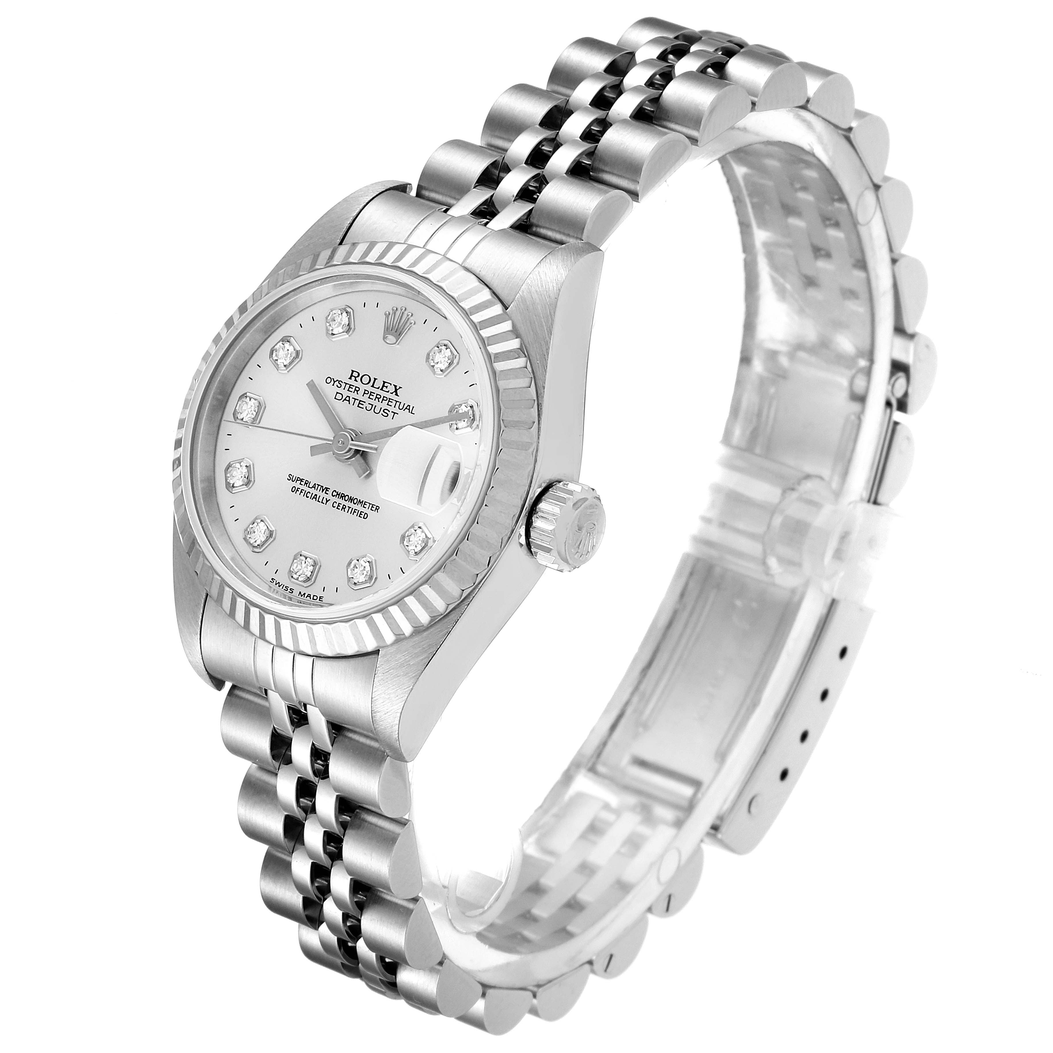 This Rolex Datejust 79174 Women's Stainless Steel Silver Dial 79174 Women's Stainless Steel Silver Dial watch is shown at a three-quarter angle, displaying the dial, fluted bezel, crown, and jubilee bracelet.