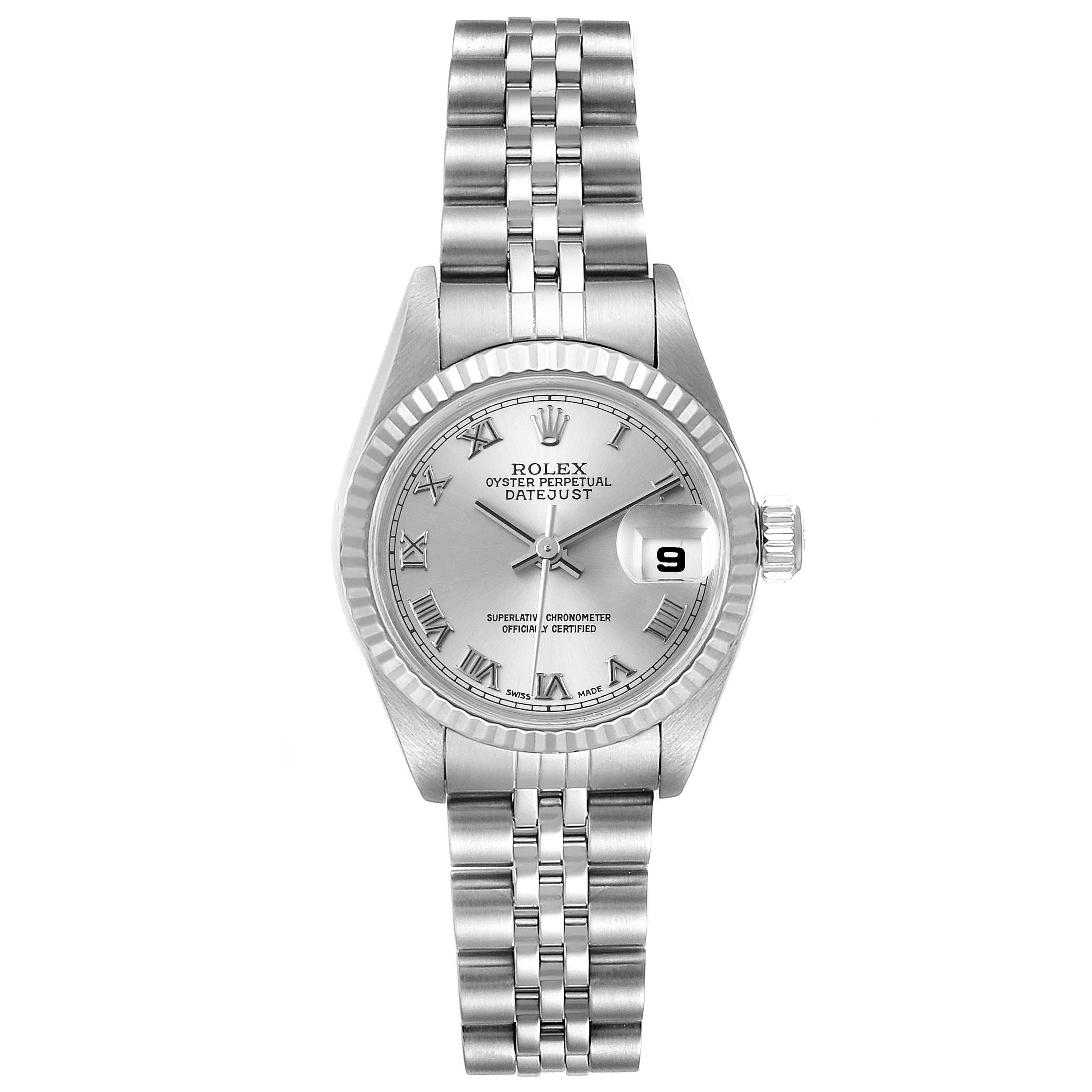 The image shows a front view of the Rolex Datejust 79174 Women's Stainless Steel Silver Dial 79174 Women's Stainless Steel Silver Dial watch, displaying the face, bracelet, and date window.