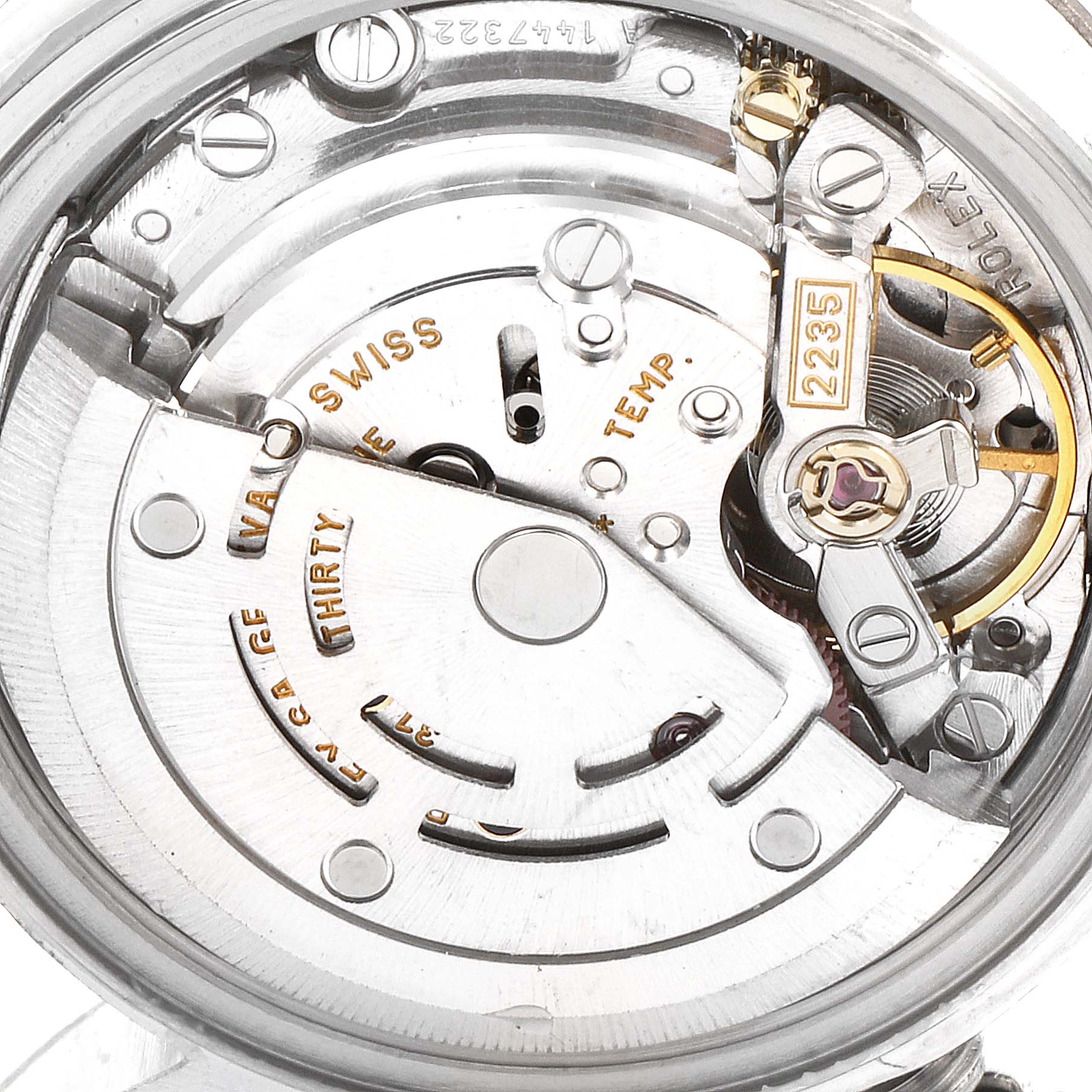 This image shows the intricate internal mechanism of a Rolex Datejust 79174 Women's Stainless Steel Silver Dial 79174 Women's Stainless Steel Silver Dial model watch viewed from the back.