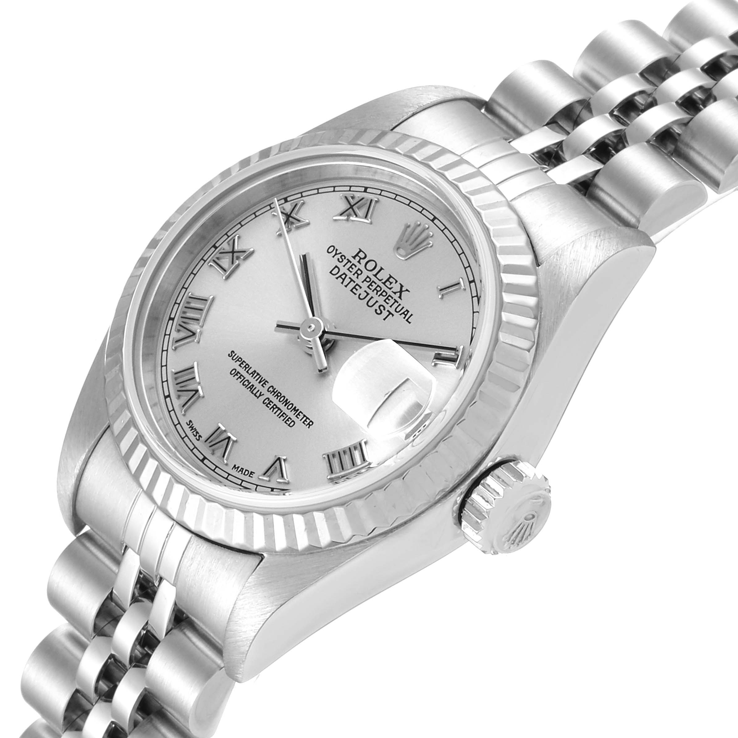The image shows a Rolex Datejust 79174 Women's Stainless Steel Silver Dial 79174 Women's Stainless Steel Silver Dial watch at an angled view, highlighting its dial, case, and bracelet.