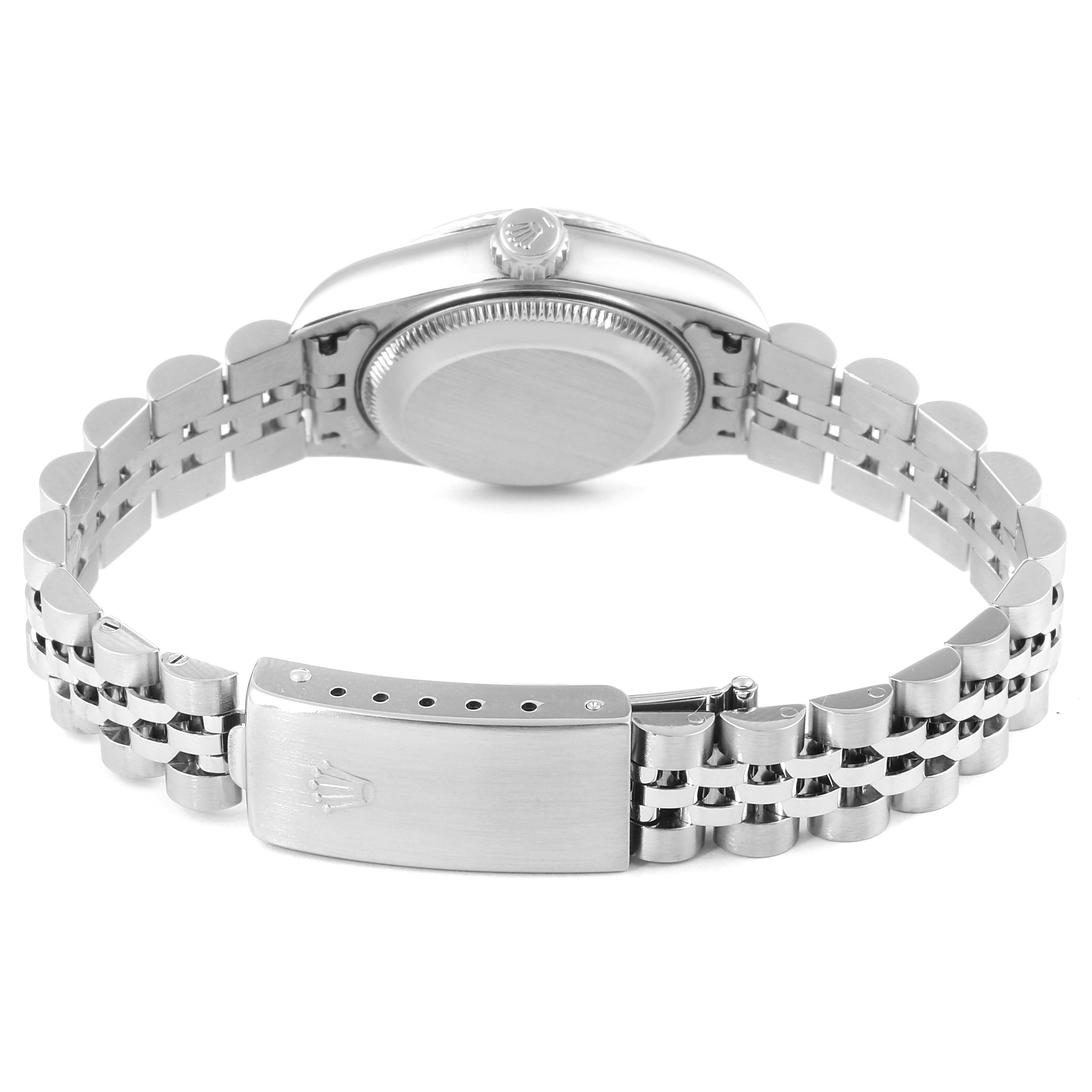 The image shows the backside and bracelet of a Rolex Datejust 79174 Women's Stainless Steel Silver Dial 79174 Women's Stainless Steel Silver Dial watch, featuring the clasp and case back.