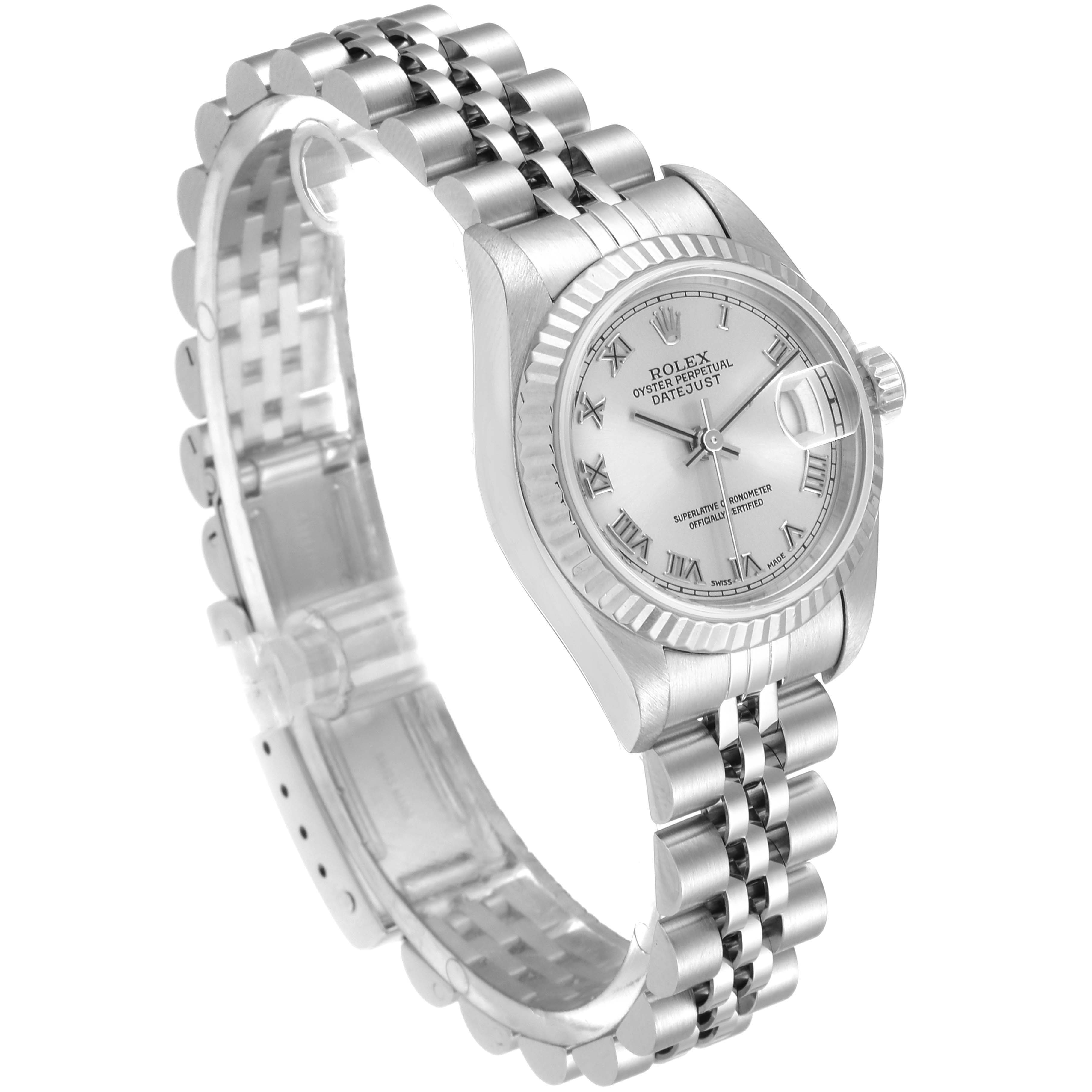 This image shows a Rolex Datejust 79174 Women's Stainless Steel Silver Dial 79174 Women's Stainless Steel Silver Dial watch from a side angle, displaying its bracelet, case, and dial.
