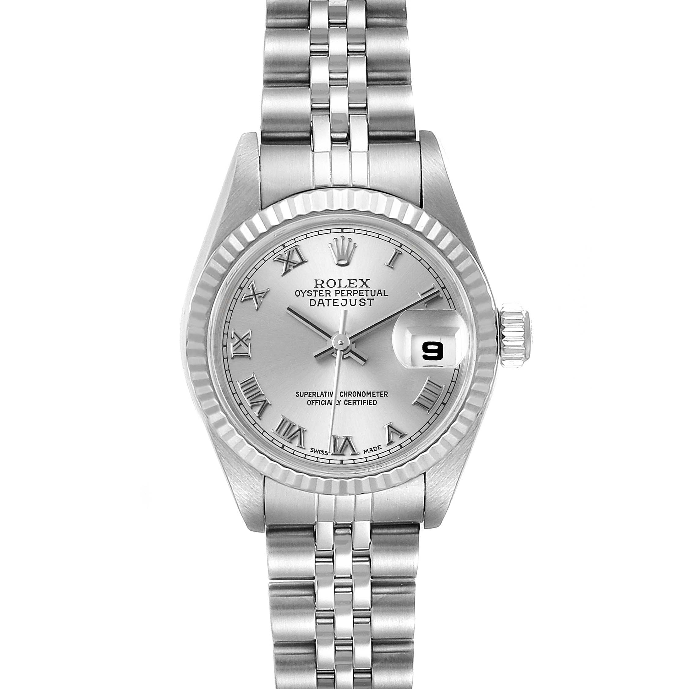 The image shows a front-facing view of a Rolex Datejust 79174 Women's Stainless Steel Silver Dial 79174 Women's Stainless Steel Silver Dial watch, including its bracelet, dial, date window, and crown.