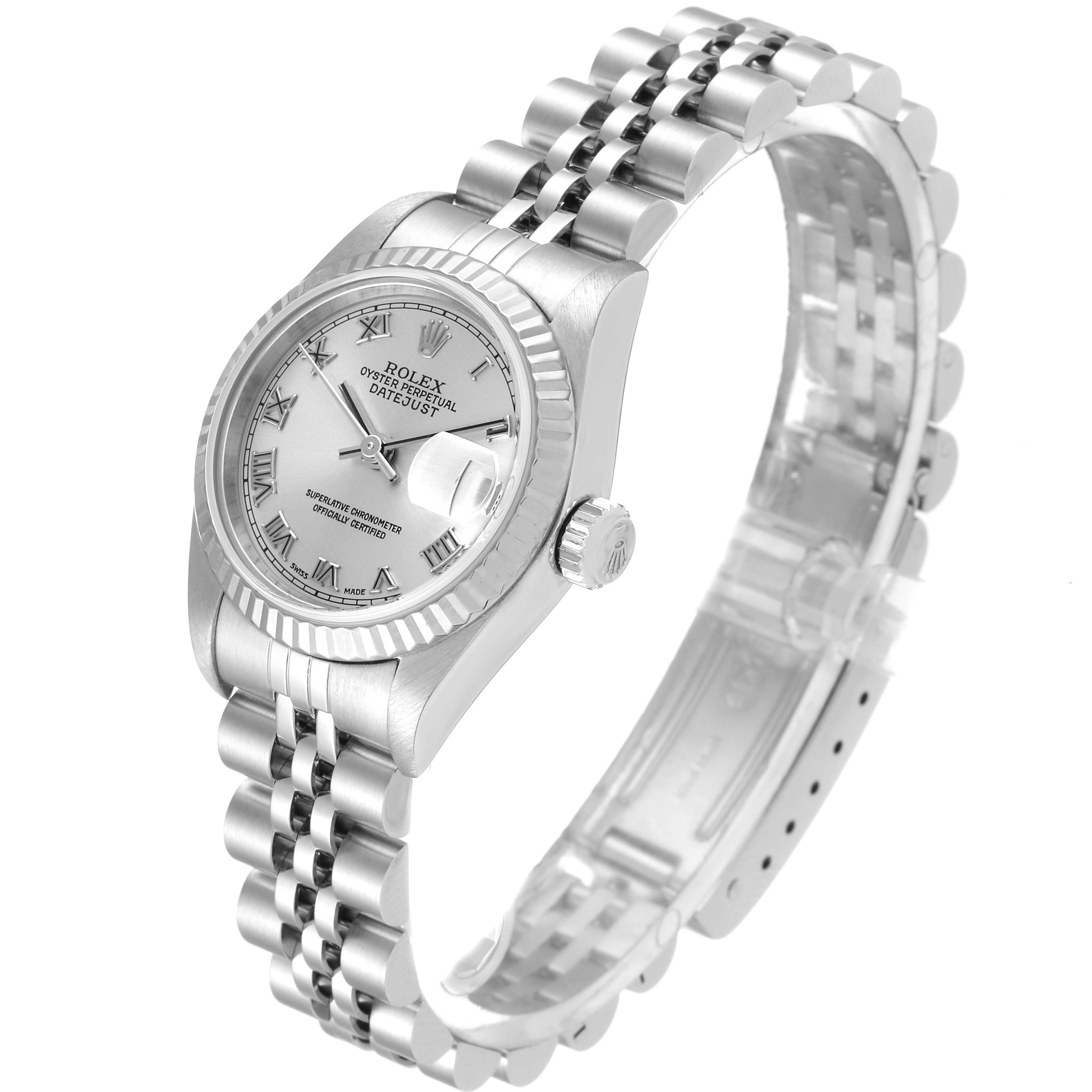 The Rolex Datejust 79174 Women's Stainless Steel Silver Dial 79174 Women's Stainless Steel Silver Dial watch is shown at an angle displaying the face, bezel, crown, and bracelet.