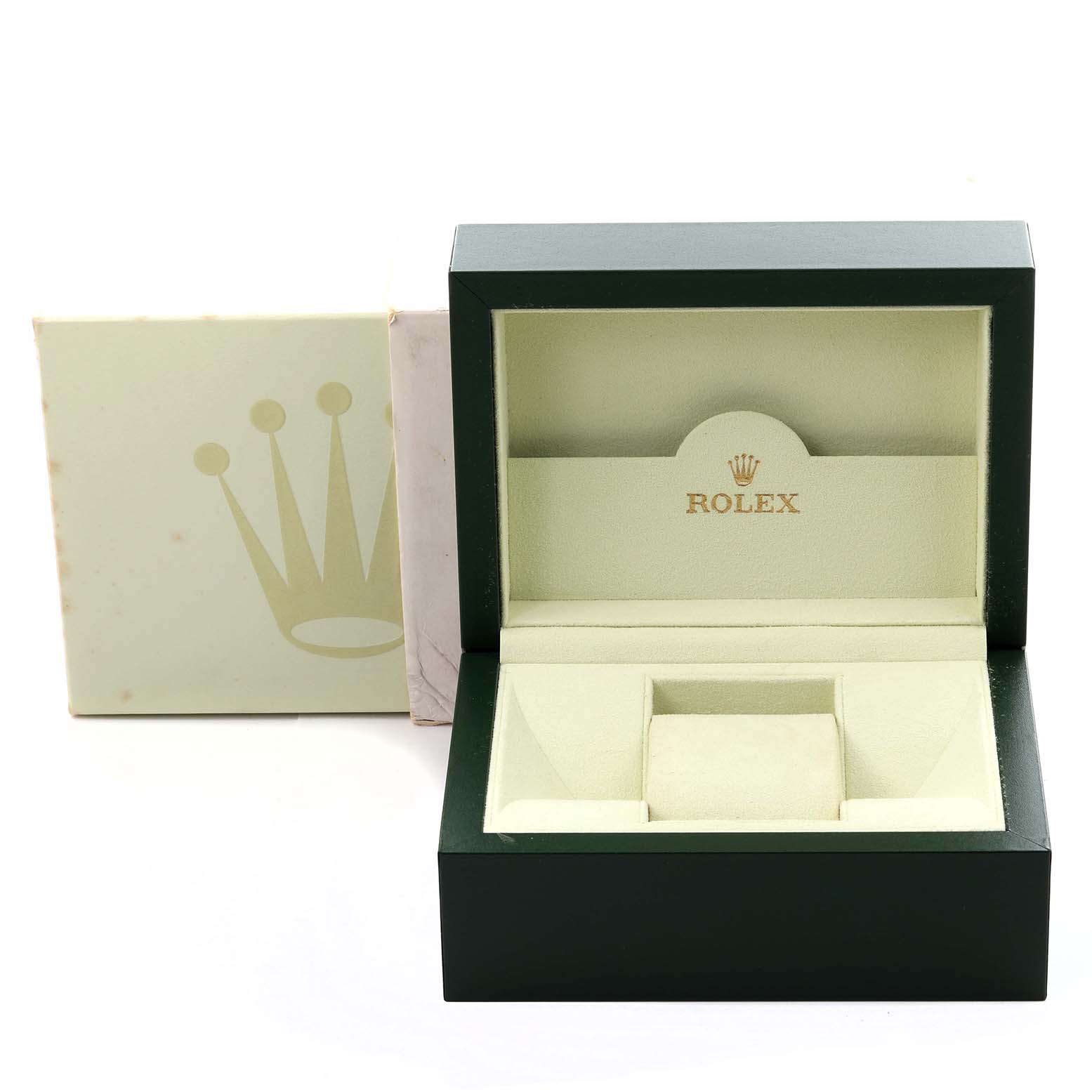 The image shows an empty Rolex Datejust 179174 Women
s Stainless Steel Silver Dial 179174 Women
s Stainless Steel Silver Dial watch box from a front angle, with the logo visible inside.