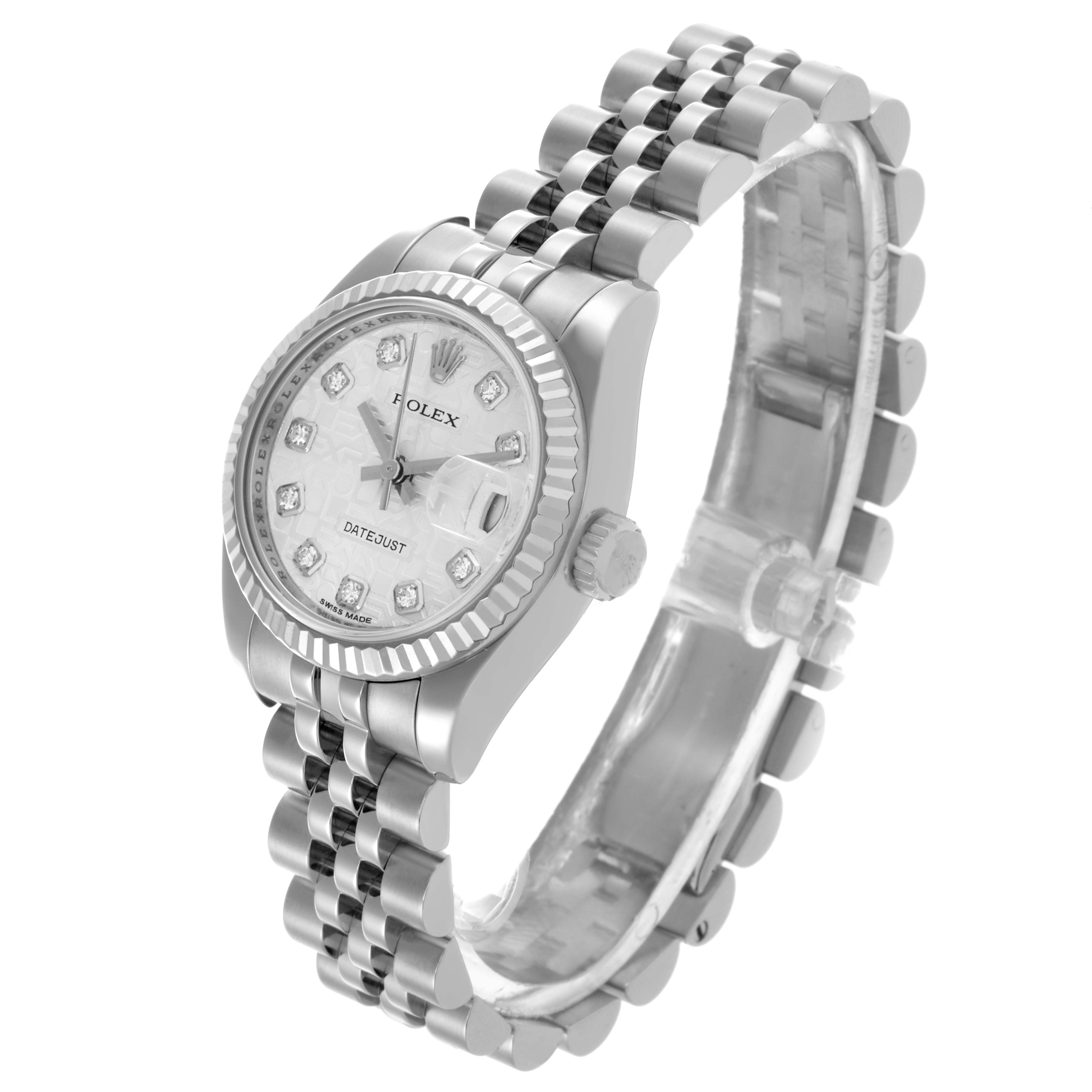 The Rolex Datejust 179174 Women
s Stainless Steel Silver Dial 179174 Women
s Stainless Steel Silver Dial watch is shown angled from the front left, highlighting the face, bezel, crown, and bracelet.